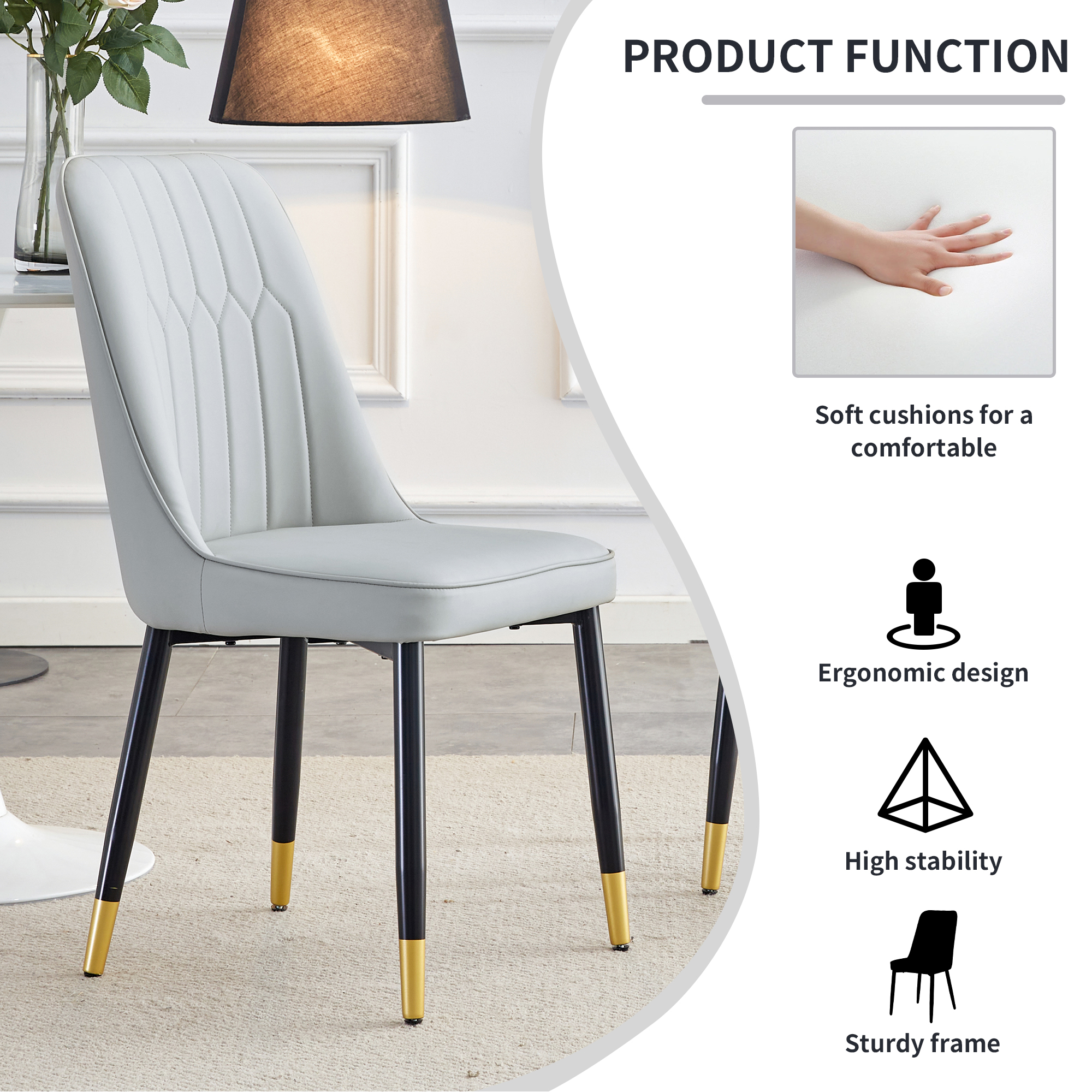 Table and chair set, round table with white marble pattern, gold MDF table legs, soft and comfortable dining chair, suitable for kitchen and living room