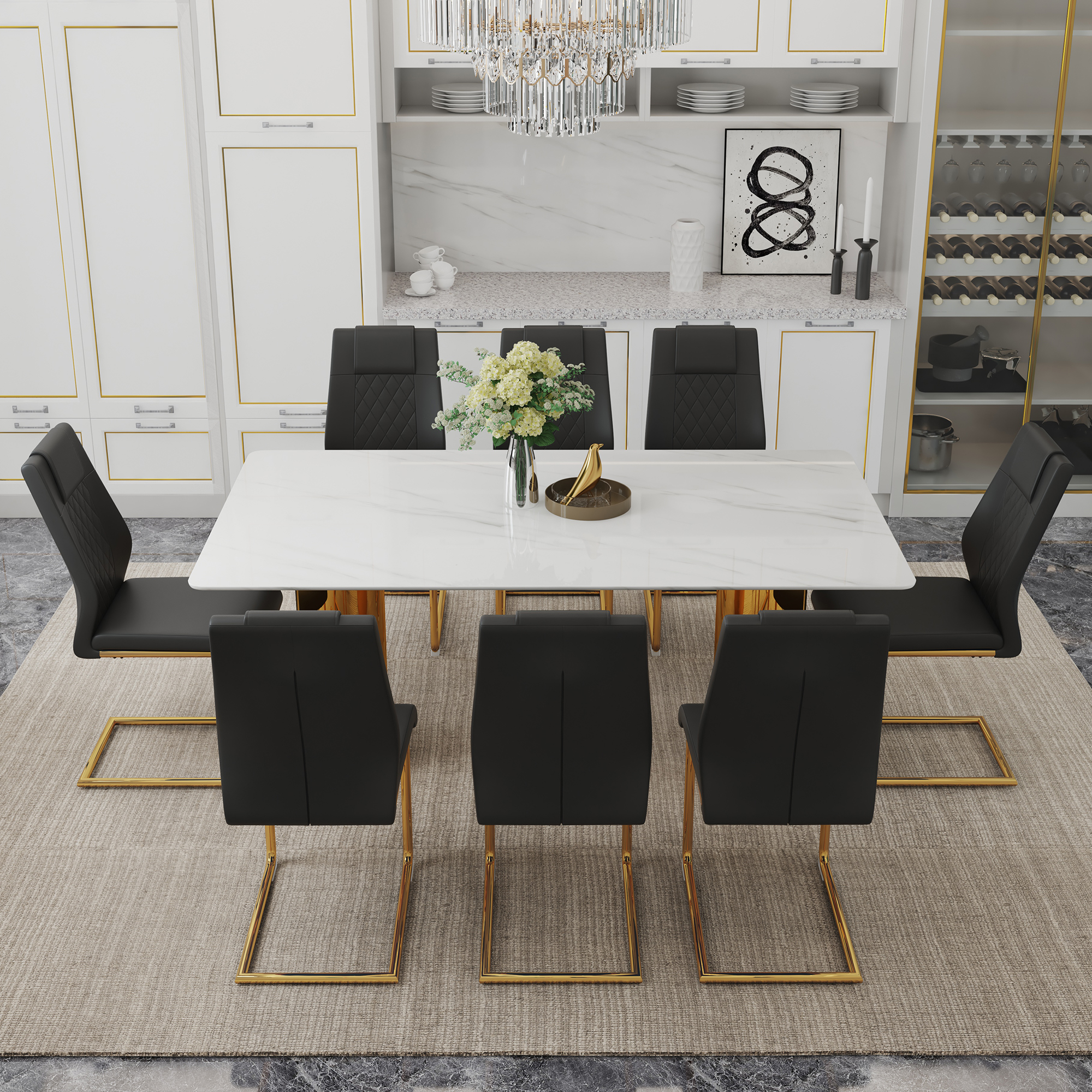 Table and chair set.The table has a glass tabletop with imitation marble pattern stickers and stainless steel golden table legs. Paried with comfortable chairs with PU seats and metal legs.