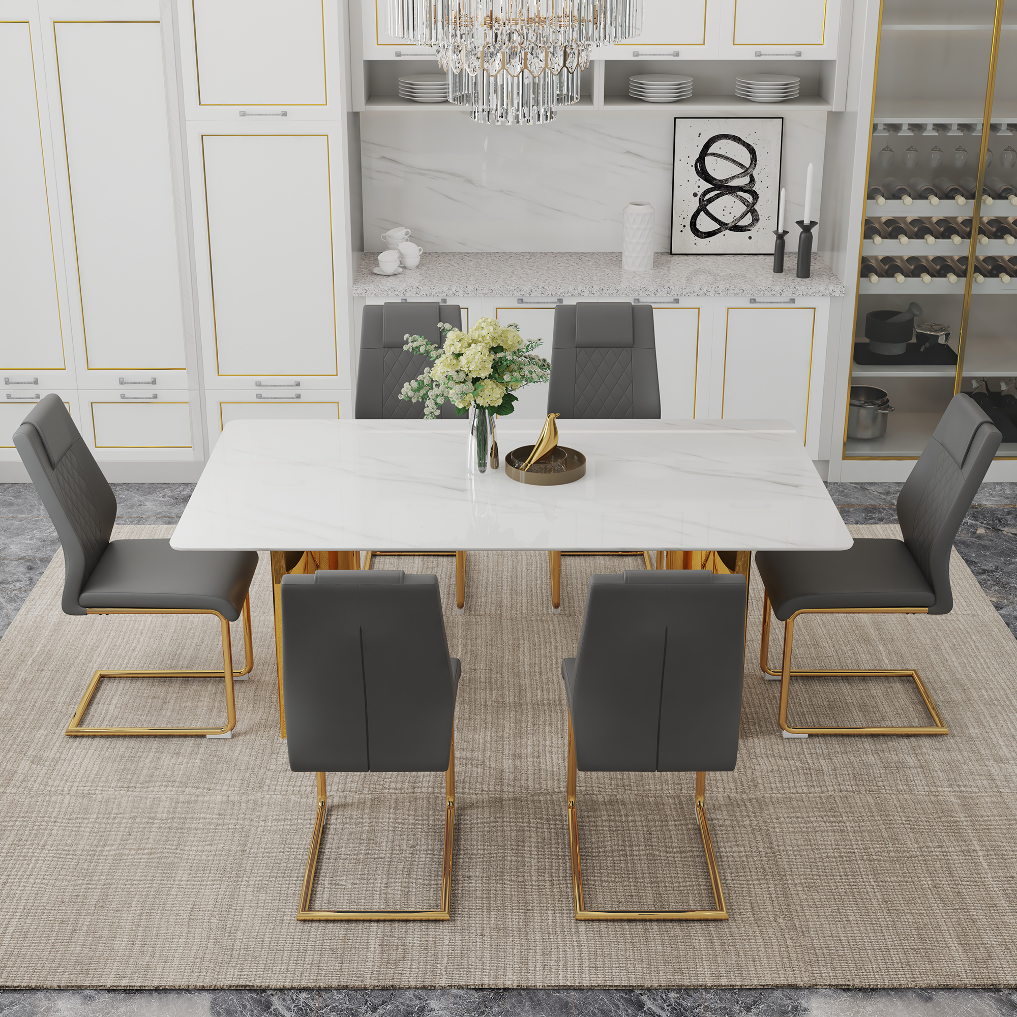 Table and chair set.The table has a glass tabletop with imitation marble pattern stickers and stainless steel golden table legs. Paried with comfortable chairs with PU seats and metal legs.