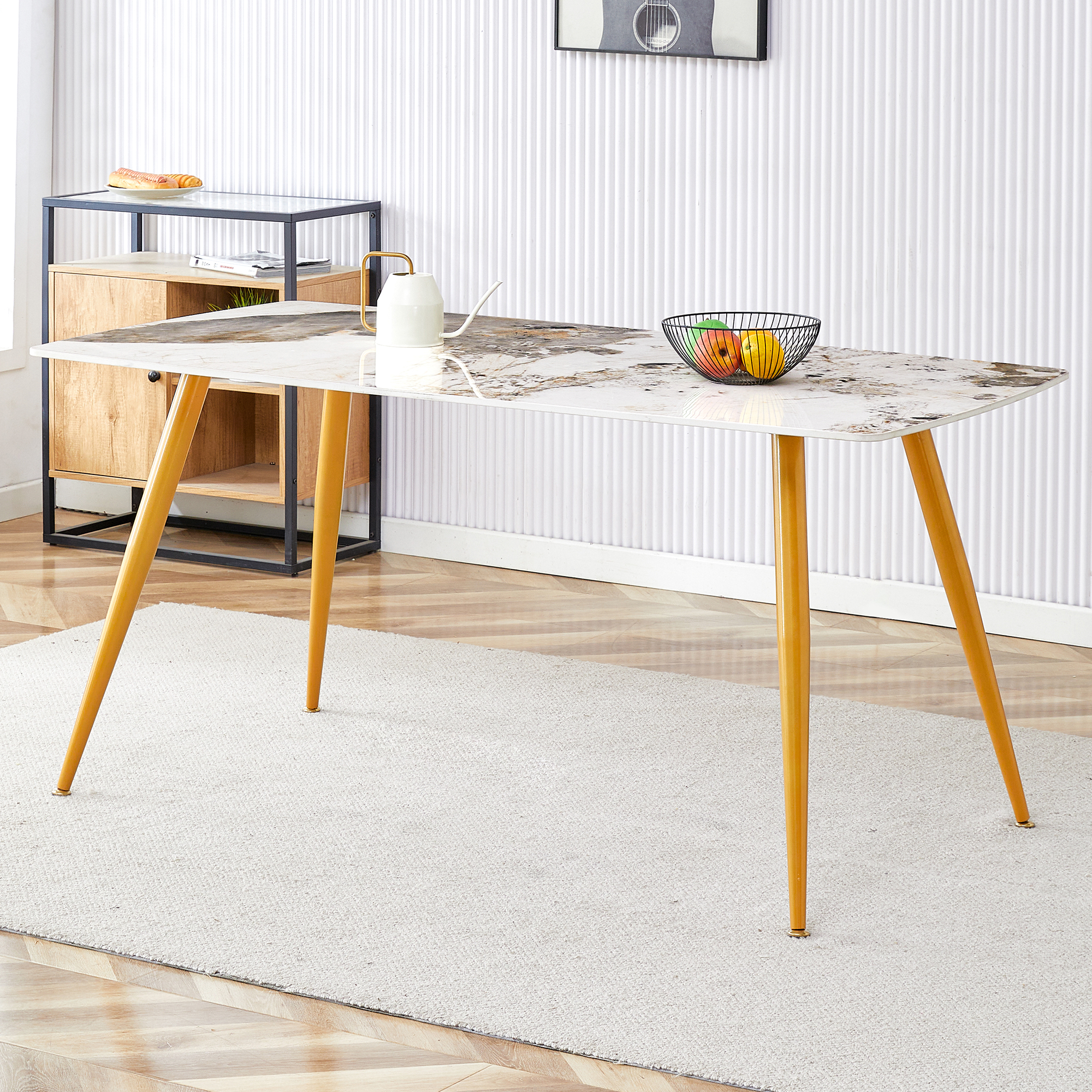 Modern minimalist dining table. White imitation marble pattern SINTERED STONE desktop with golden metal legs.62.2"*34.6"*30" F-001