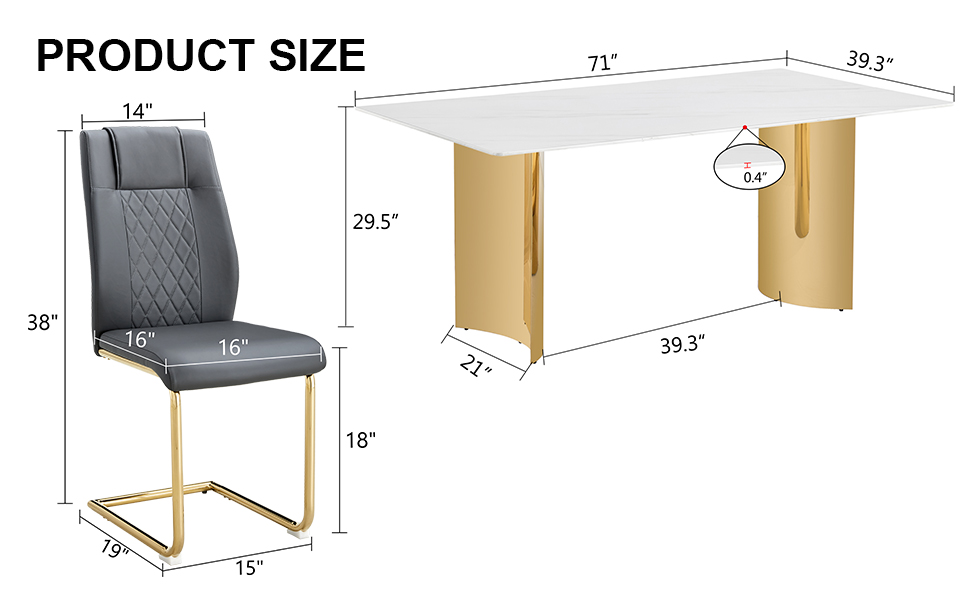 Table and chair set.The table has a glass tabletop with imitation marble pattern stickers and stainless steel golden table legs. Paried with comfortable chairs with PU seats and metal legs.