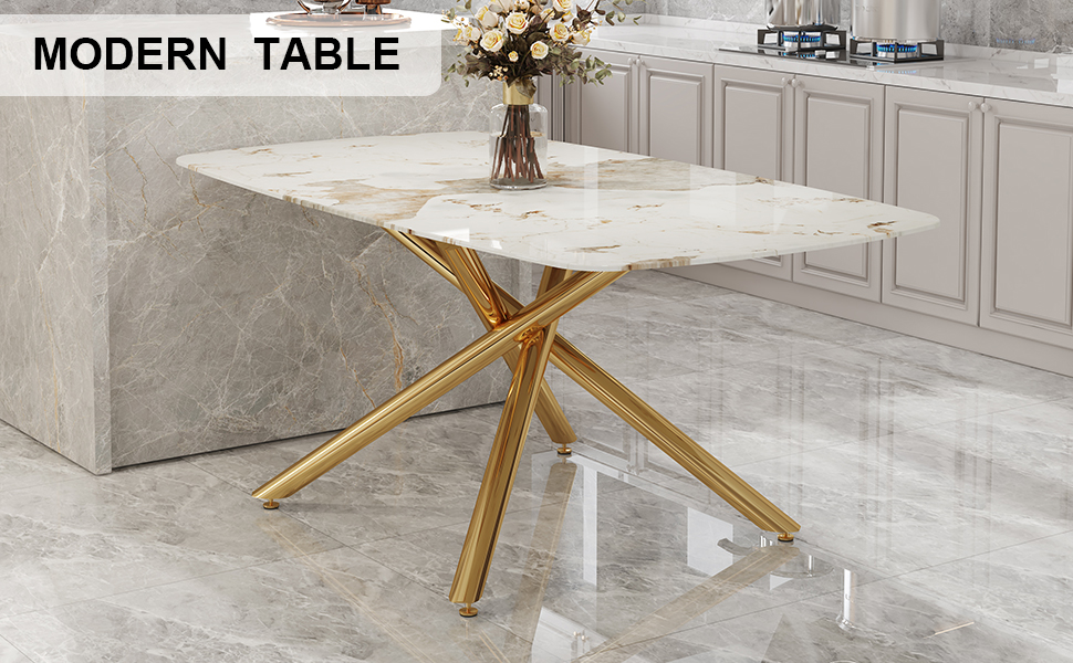 Large modern minimalist rectangular dining table with 0.39 "imitation marble tabletop and golden metal legs, suitable for kitchen, dining room, living room, conference room, W1151S00987