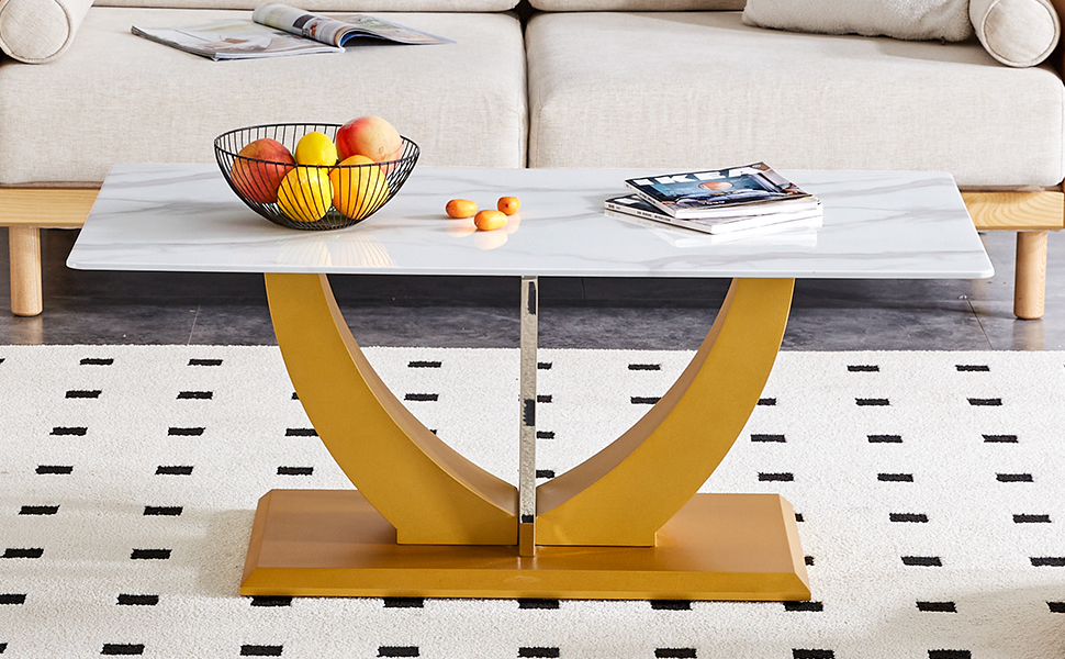 Coffee table.Modern minimalist Tempered glass with sticker desktop ,golden MDF legs and stainless steel decorative columns. Lightweight and easy to move. CT-907