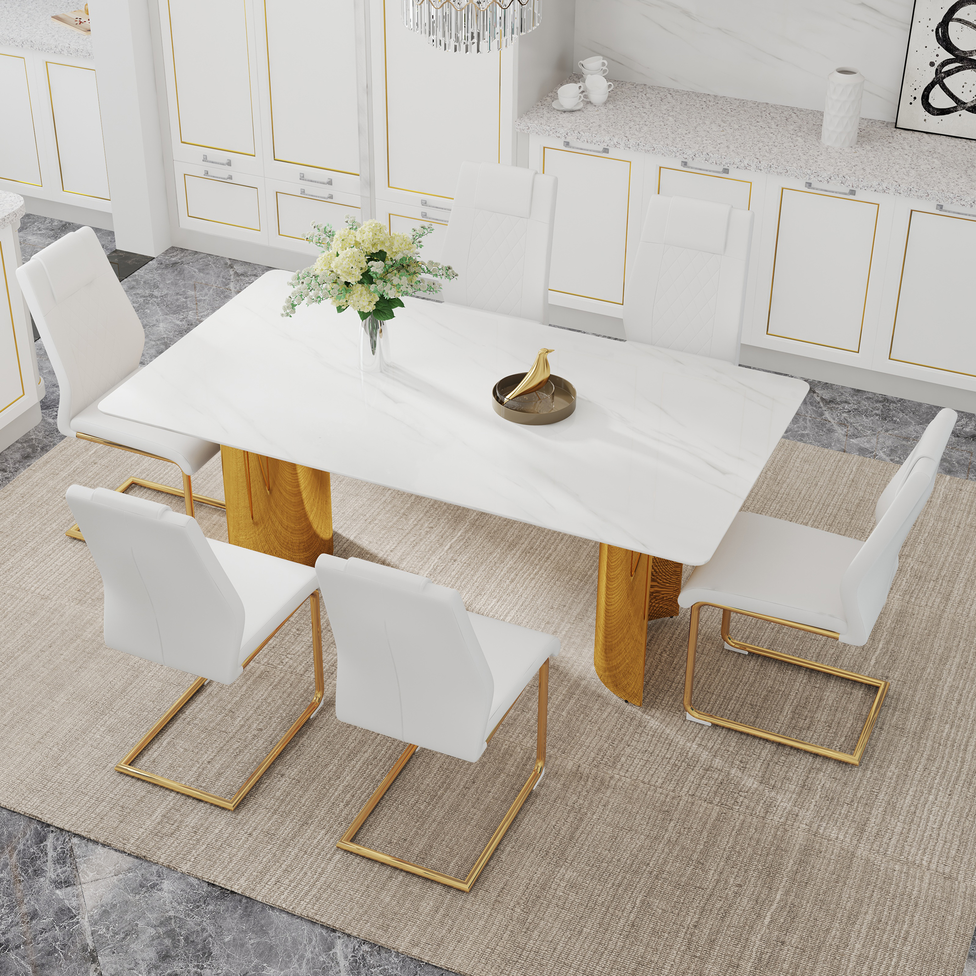 Table and chair set.The table has a glass tabletop with imitation marble pattern stickers and stainless steel golden table legs. Paried with comfortable chairs with PU seats and metal legs.