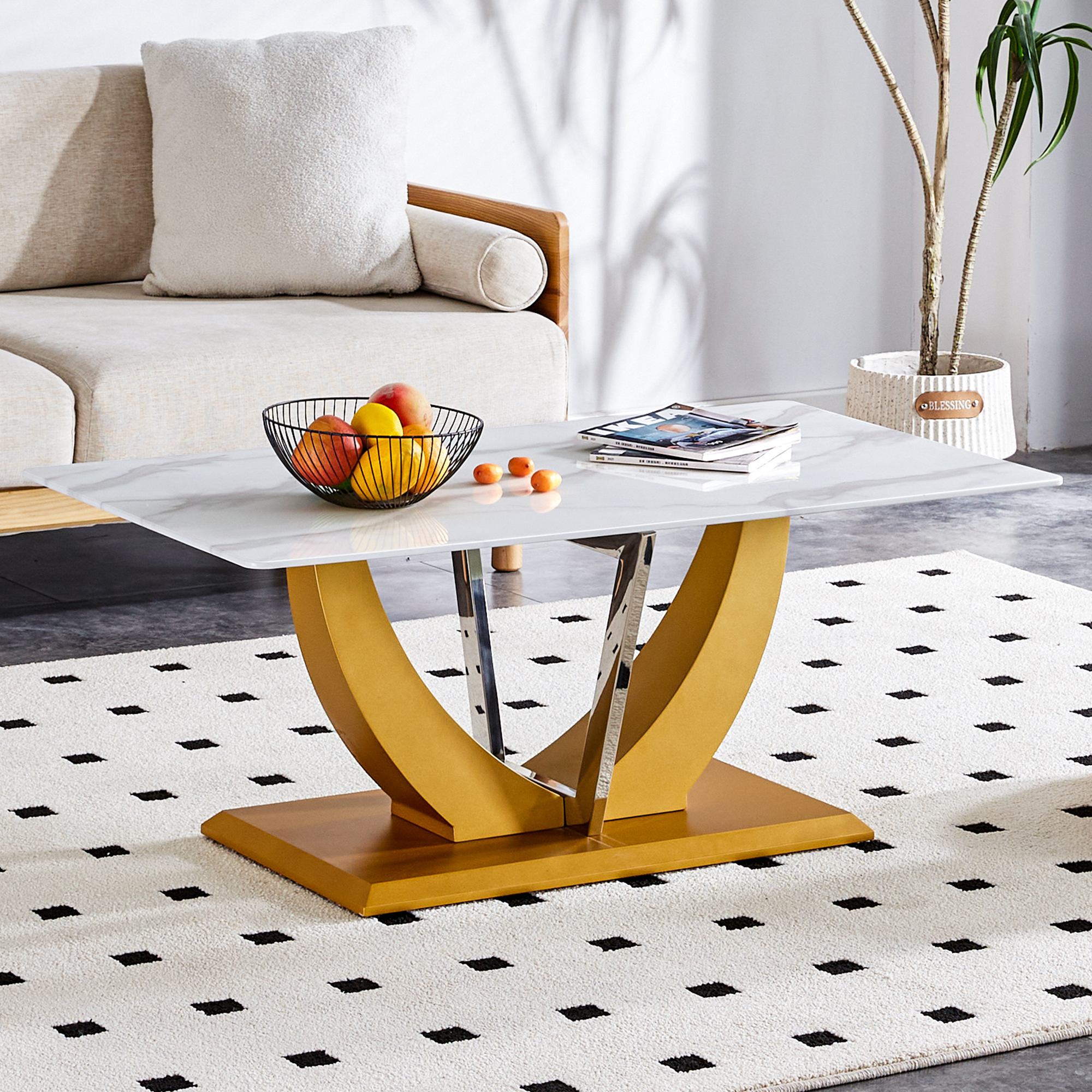 Coffee table.Modern minimalist Tempered glass with sticker desktop ,golden MDF legs and stainless steel decorative columns. Lightweight and easy to move. CT-907