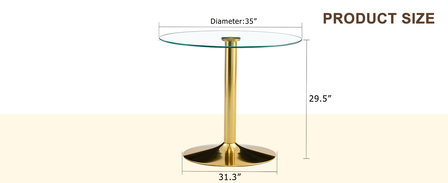 A 35-inch diameter glass top and a modern, minimalist round dining table with gold metal legs. Ideal for dining rooms, living rooms and meeting rooms. Model: DT-1166