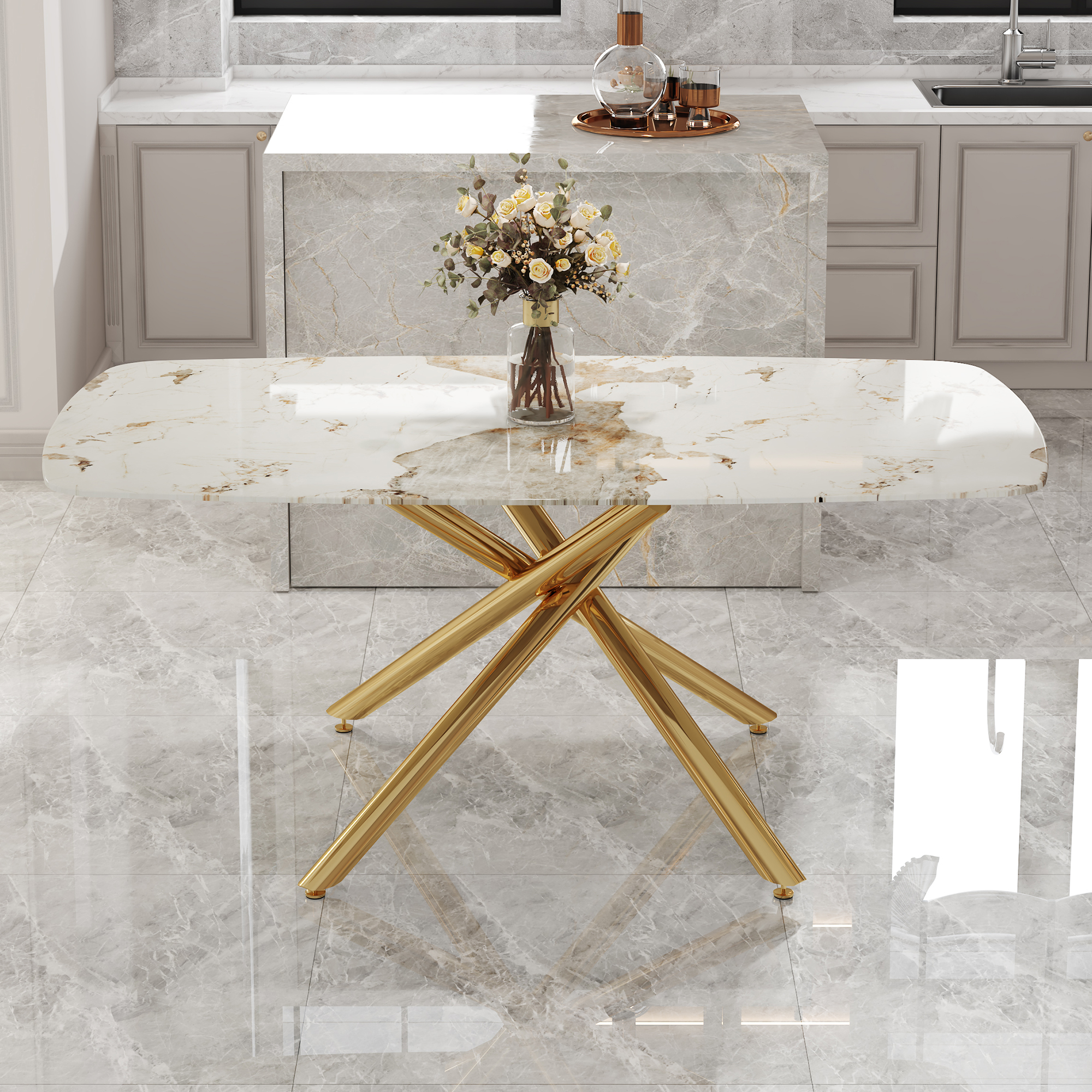 Large modern minimalist rectangular dining table with 0.39 "imitation marble tabletop and golden metal legs, suitable for kitchen, dining room, living room, conference room, W1151S00987