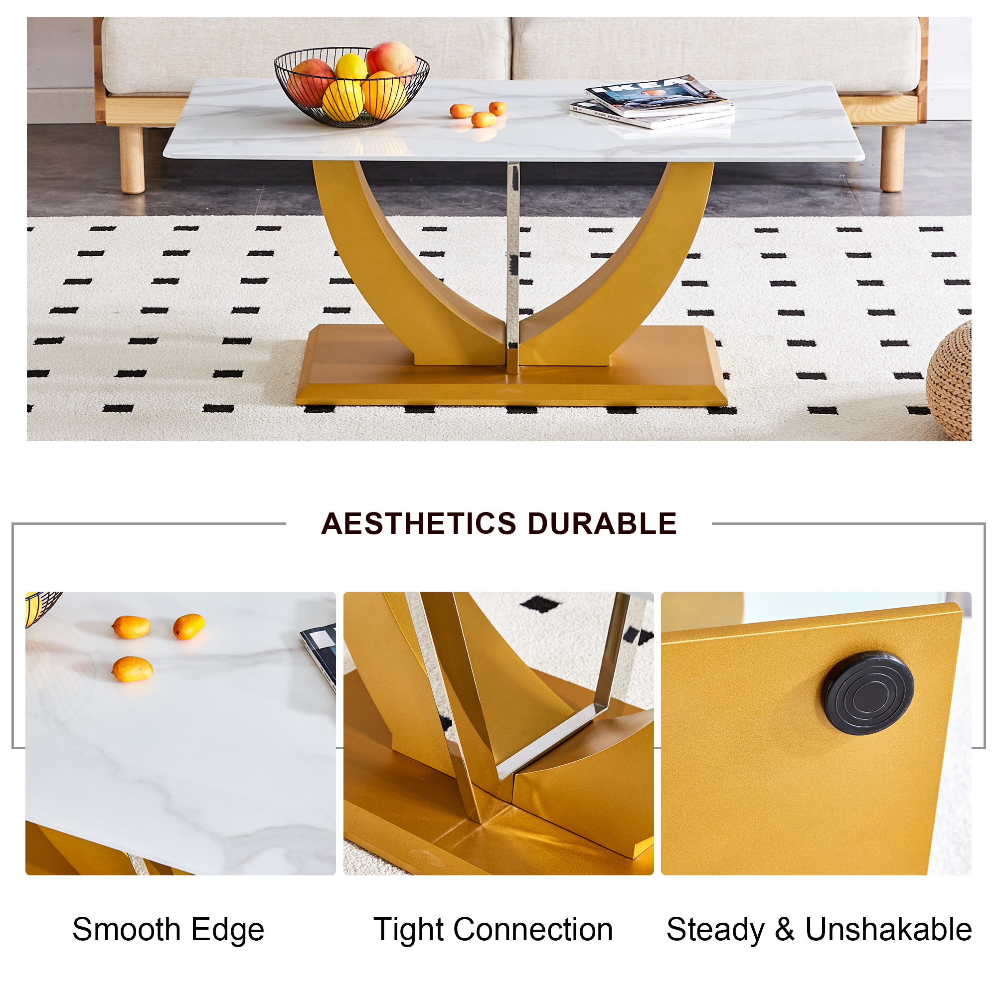 Coffee table.Modern minimalist Tempered glass with sticker desktop ,golden MDF legs and stainless steel decorative columns. Lightweight and easy to move. CT-907