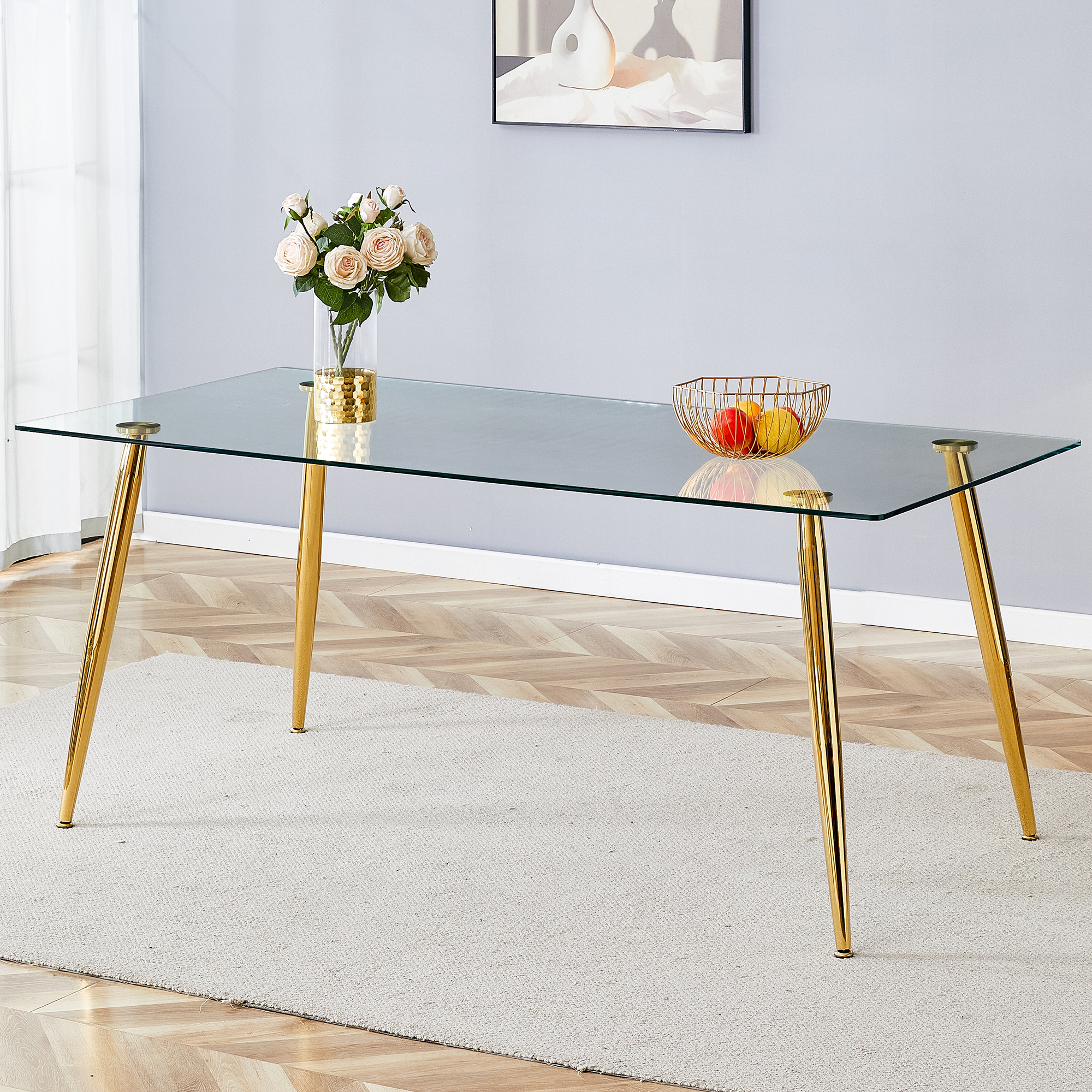 Modern rectangular glass dining table, suitable for 4-6 people, with tempered glass countertop and gold metal legs, writing desk, suitable for kitchen, dining room and living room