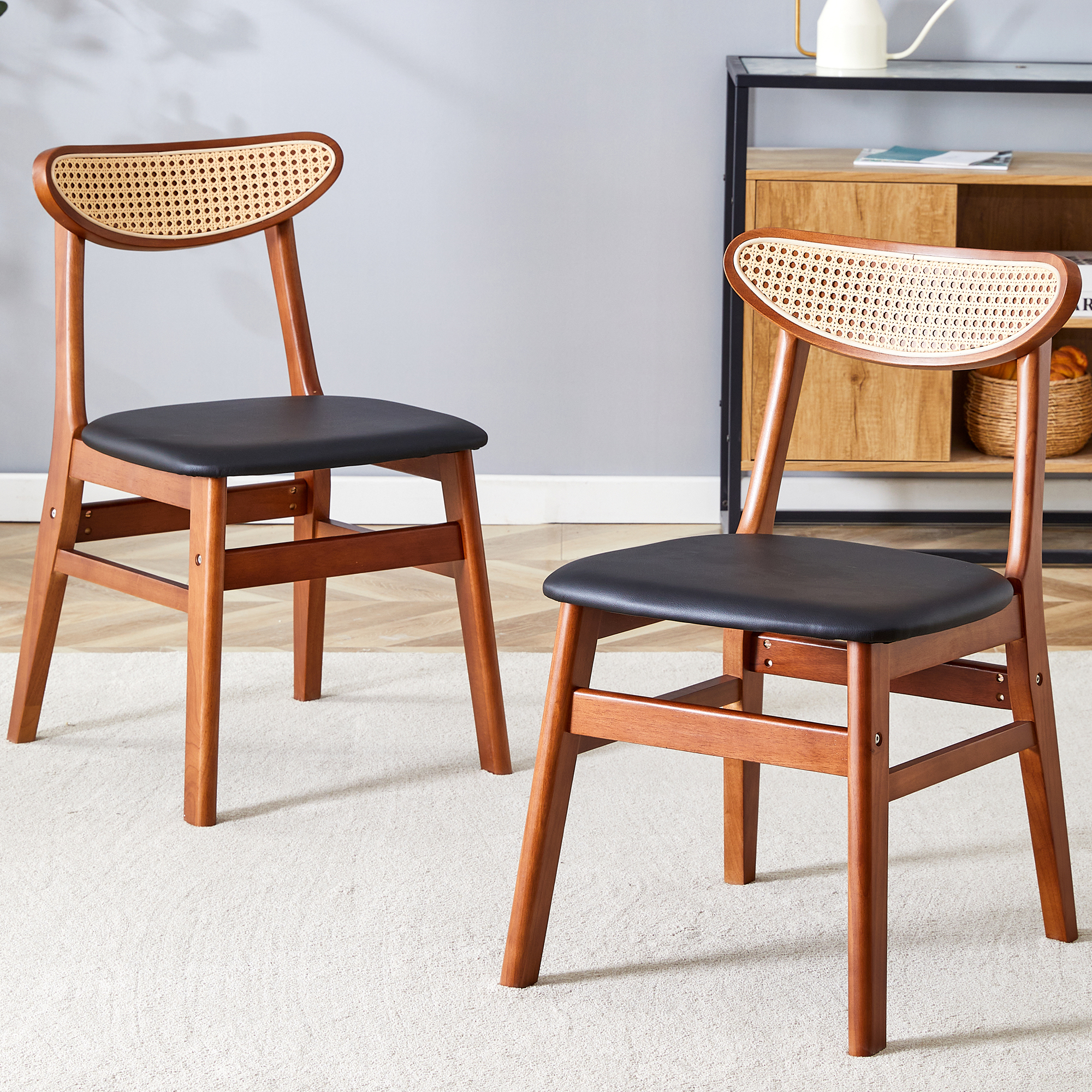 The stylish and durable solid wood dining chair, small curved back, PU cushion, and beautiful shape match perfectly with any room and everyday use