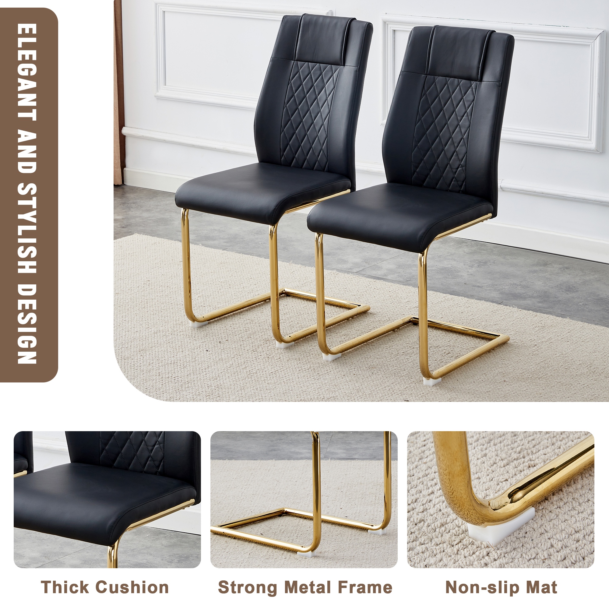 Table and chair set.The table has a glass tabletop with imitation marble pattern stickers and stainless steel golden table legs. Paried with comfortable chairs with PU seats and metal legs.