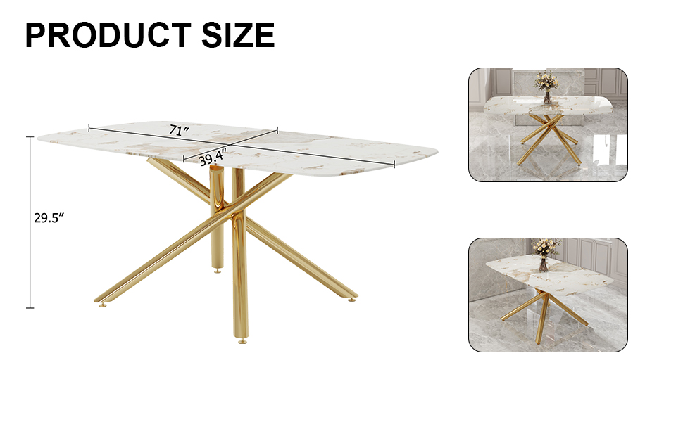 Large modern minimalist rectangular dining table with 0.39 "imitation marble tabletop and golden metal legs, suitable for kitchen, dining room, living room, conference room, W1151S00987