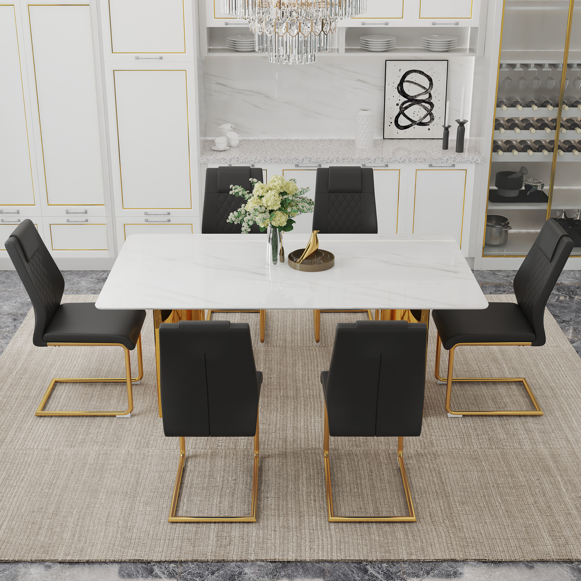 Table and chair set.The table has a glass tabletop with imitation marble pattern stickers and stainless steel golden table legs. Paried with comfortable chairs with PU seats and metal legs.