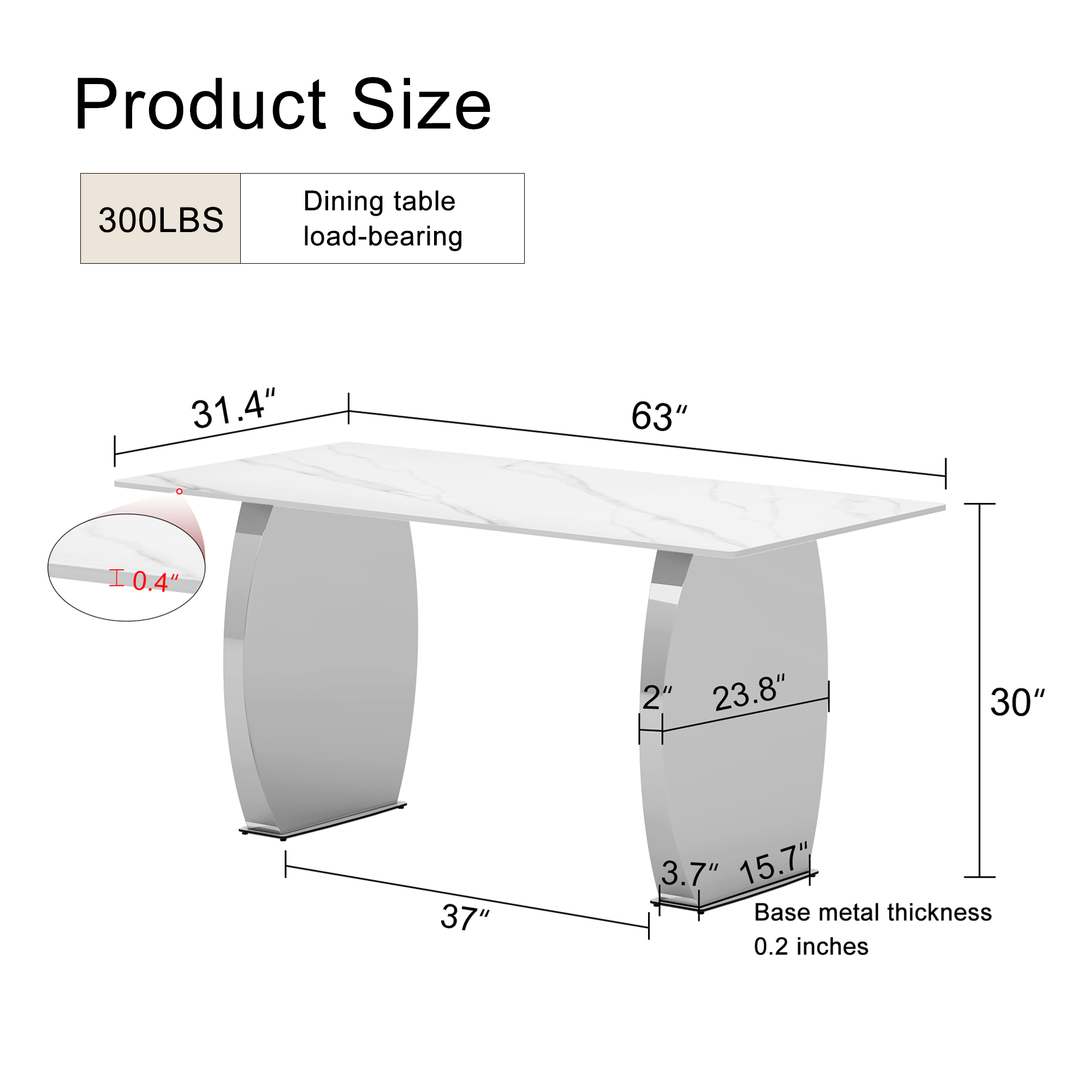 Modern rectangular dining table, 0.4 inch white patterned top, silver legs, suitable for kitchen, dining room, living room 63 inches * 31.4 inches * 30 inches