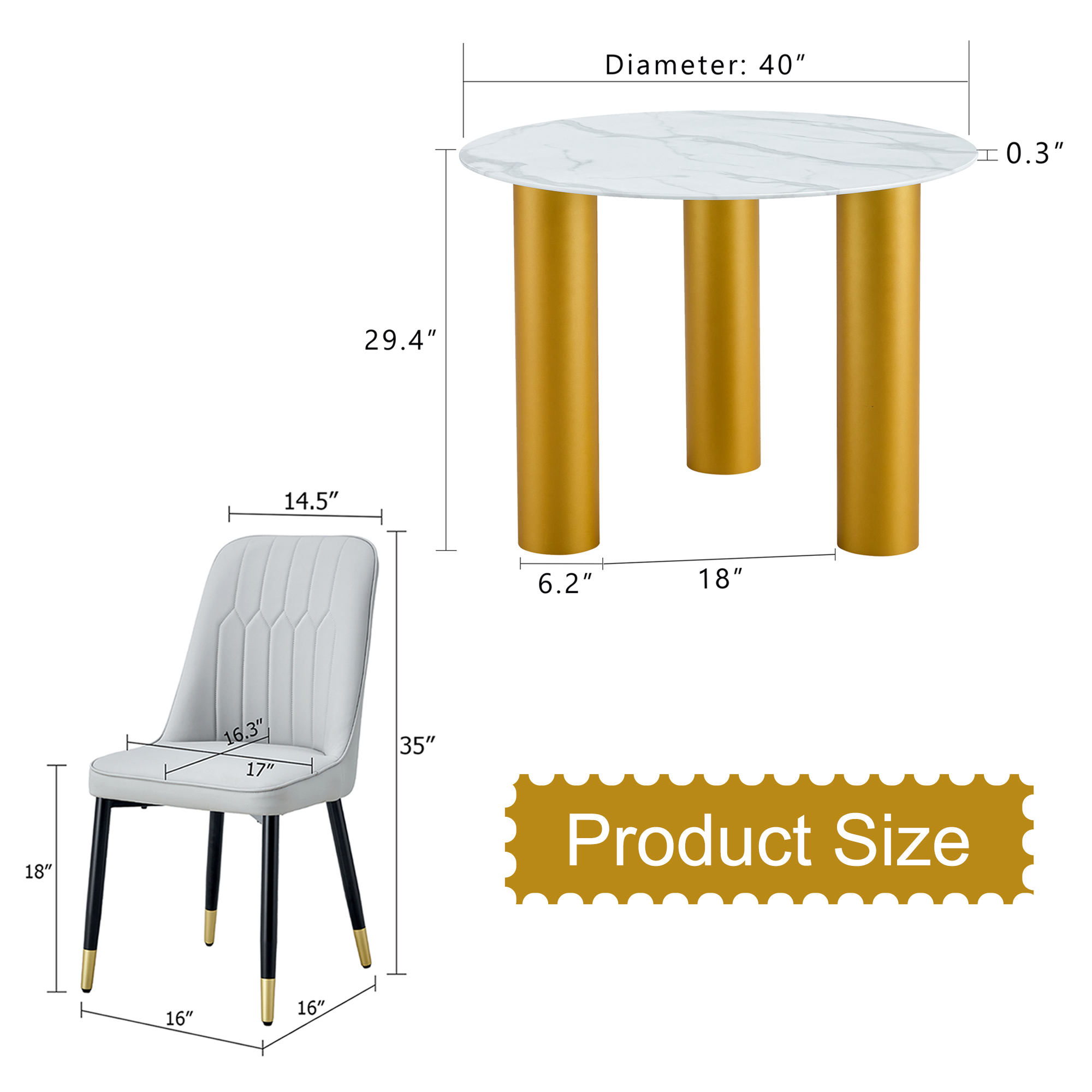 Table and chair set, round table with white marble pattern, gold MDF table legs, soft and comfortable dining chair, suitable for kitchen and living room