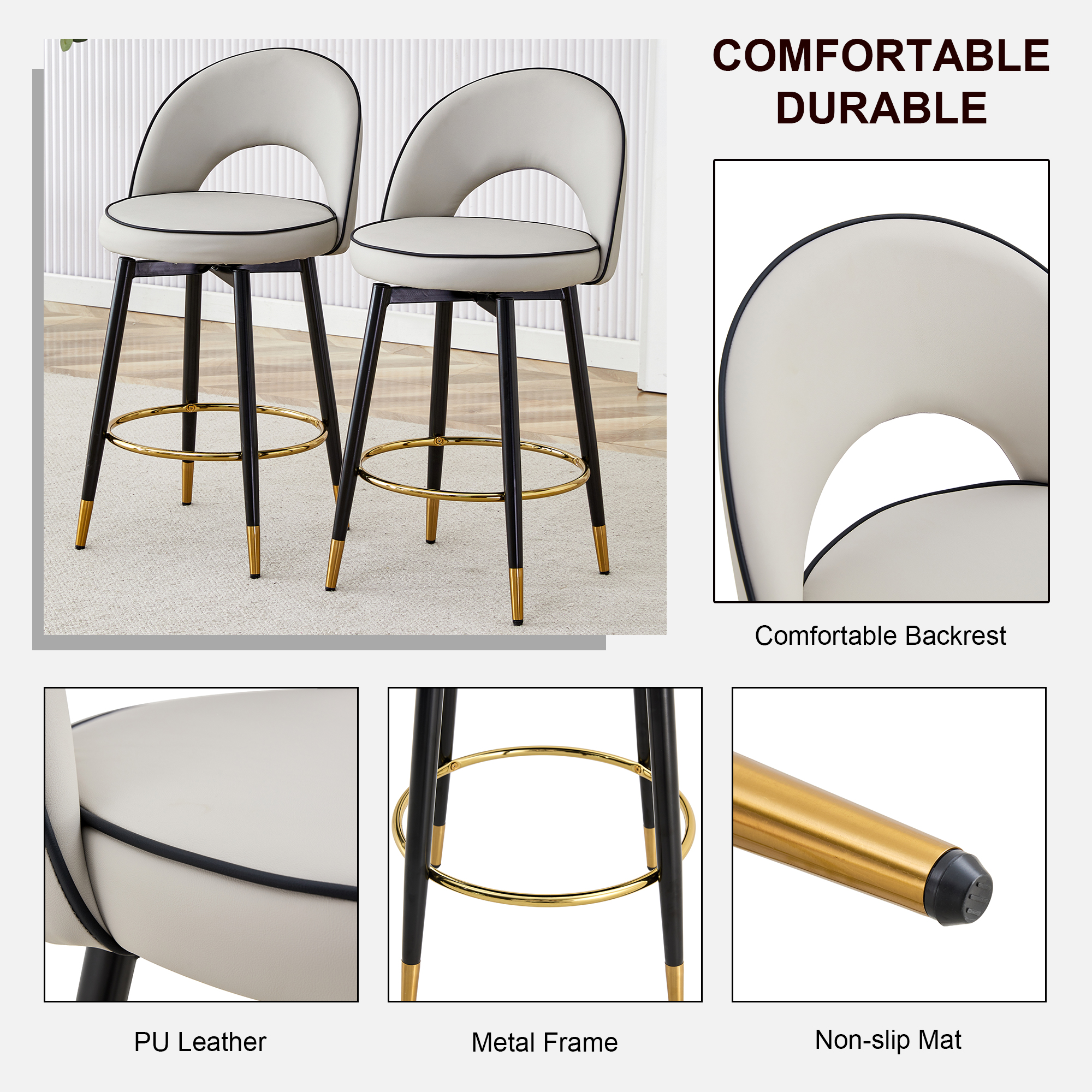 360 ° rotatable bar chair.Modern PU comfortable upholstered bar chair with smooth and beautiful metal legs for dining room, kitchen, terrace and guest office chair .