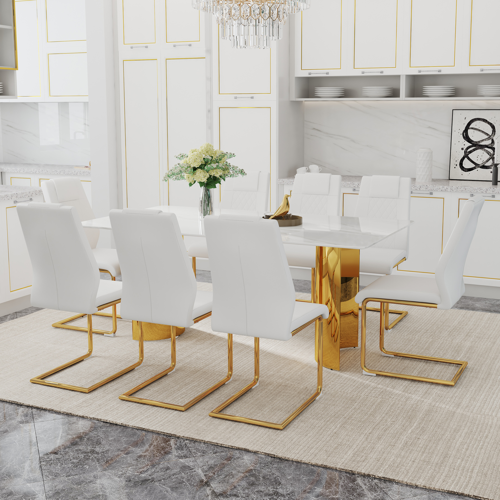 Table and chair set.The table has a glass tabletop with imitation marble pattern stickers and stainless steel golden table legs. Paried with comfortable chairs with PU seats and metal legs.