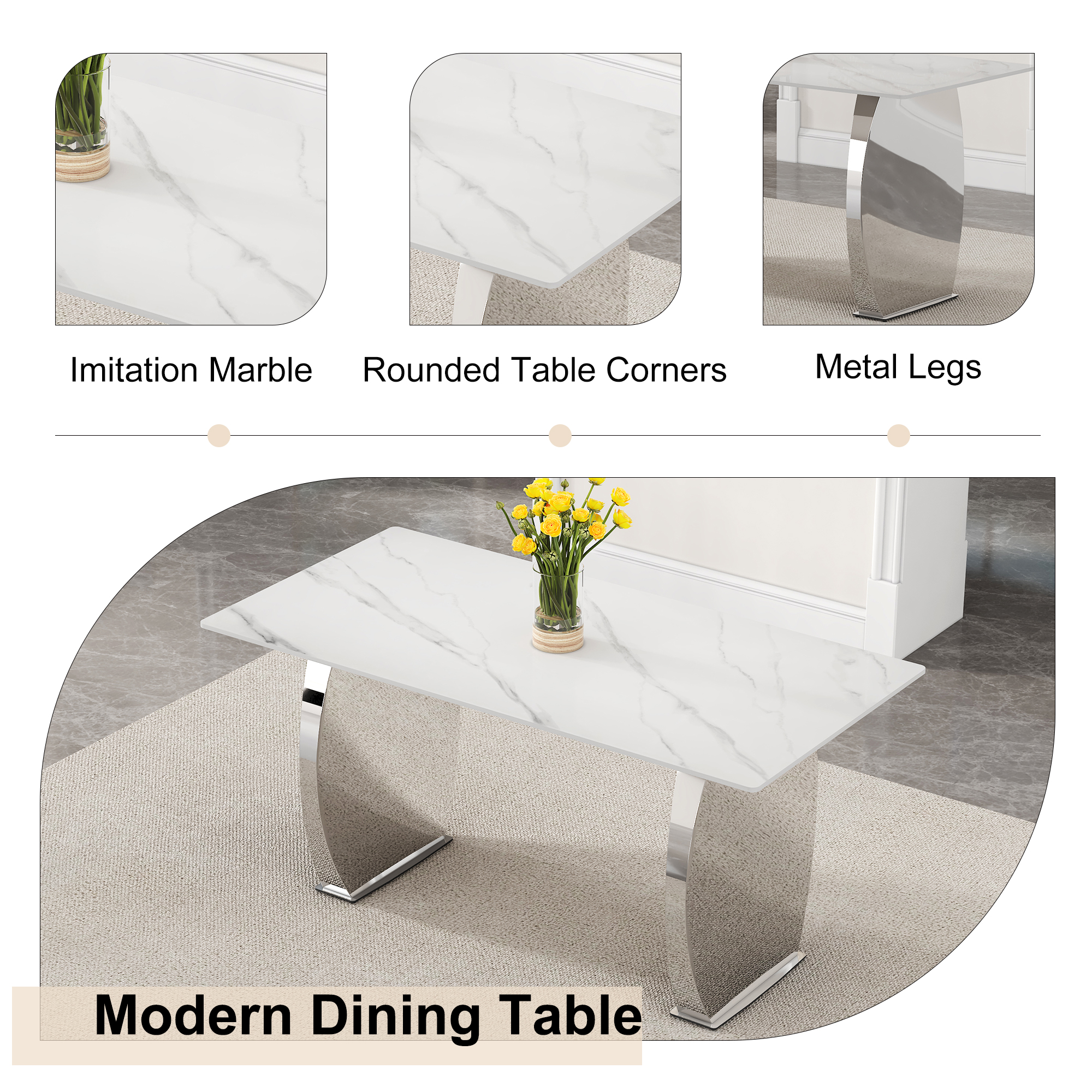 Modern rectangular dining table, 0.4 inch white patterned top, silver legs, suitable for kitchen, dining room, living room 63 inches * 31.4 inches * 30 inches