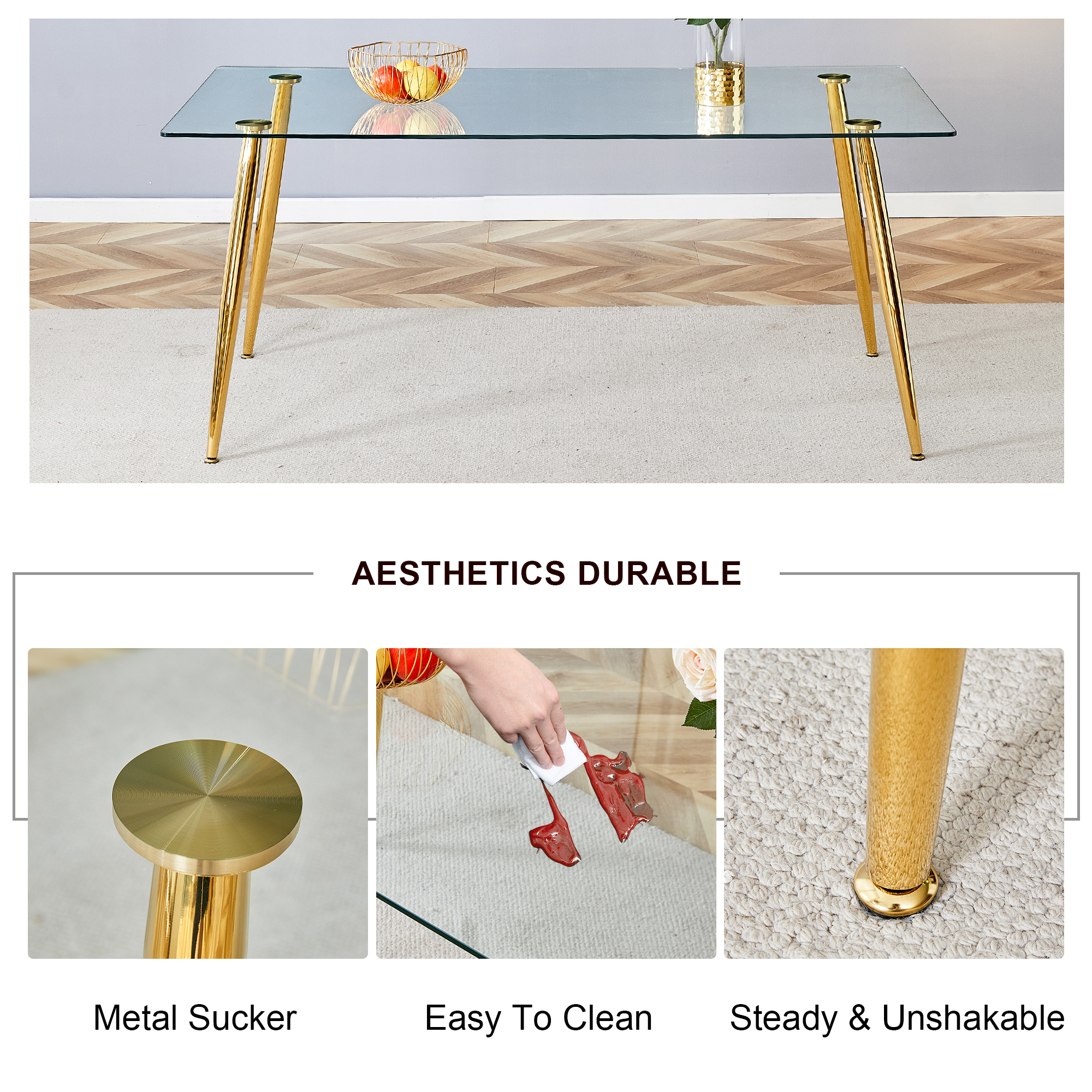 Modern rectangular glass dining table, suitable for 4-6 people, with tempered glass countertop and gold metal legs, writing desk, suitable for kitchen, dining room and living room