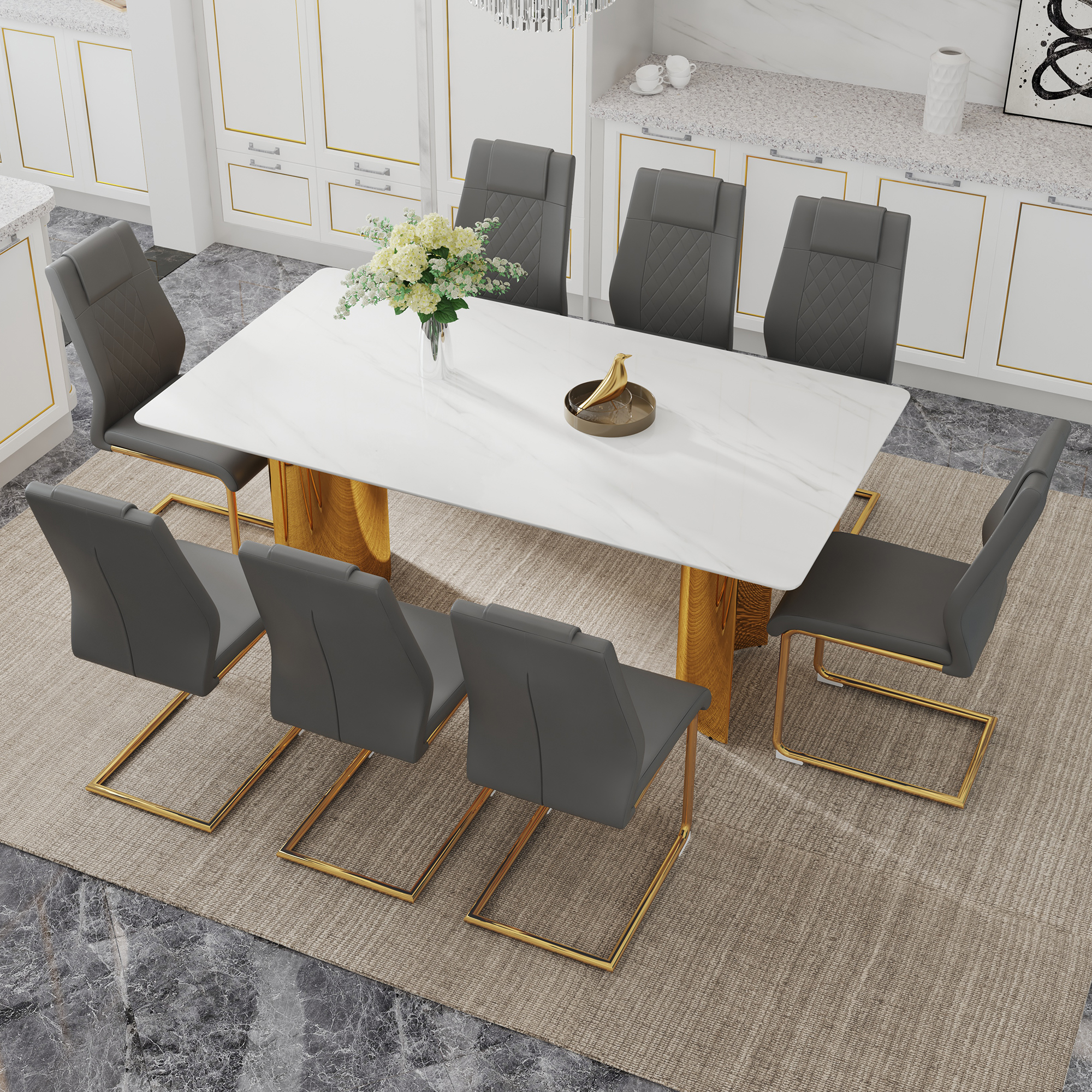 Table and chair set.The table has a glass tabletop with imitation marble pattern stickers and stainless steel golden table legs. Paried with comfortable chairs with PU seats and metal legs.