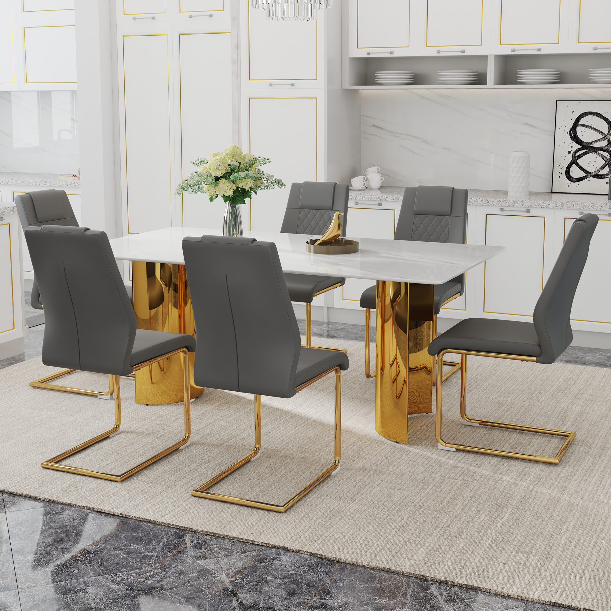 Table and chair set.The table has a glass tabletop with imitation marble pattern stickers and stainless steel golden table legs. Paried with comfortable chairs with PU seats and metal legs.