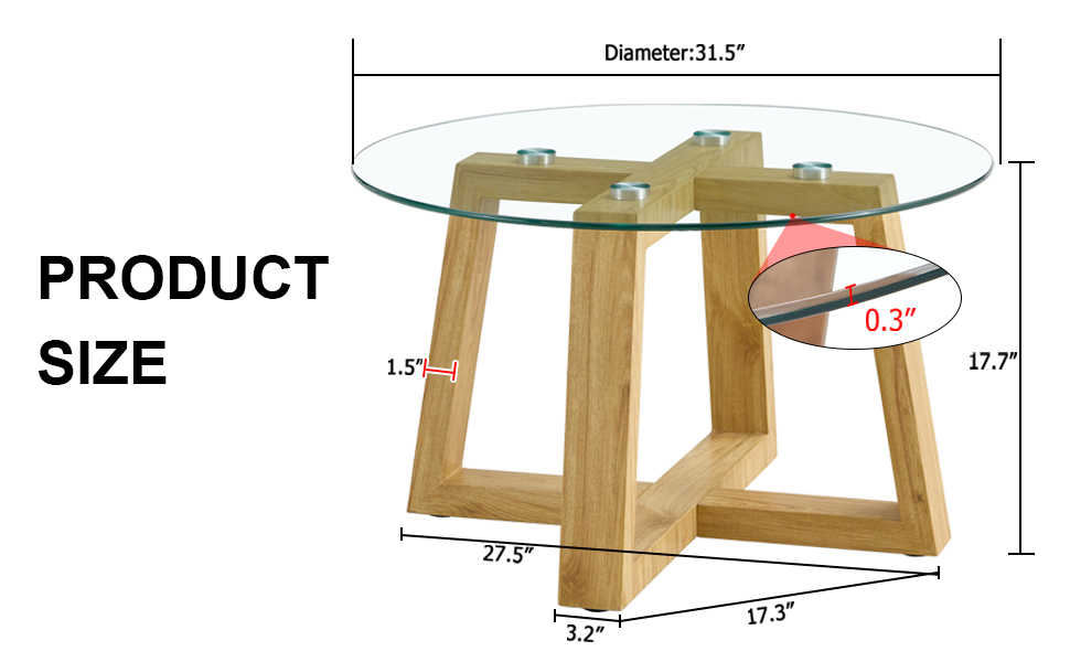 Modern practical circular coffee tables. Made of transparent tempered glass tabletop and wood colored MDF material. Suitable for living rooms and bedrooms.31.5"*31.5"*17.7"