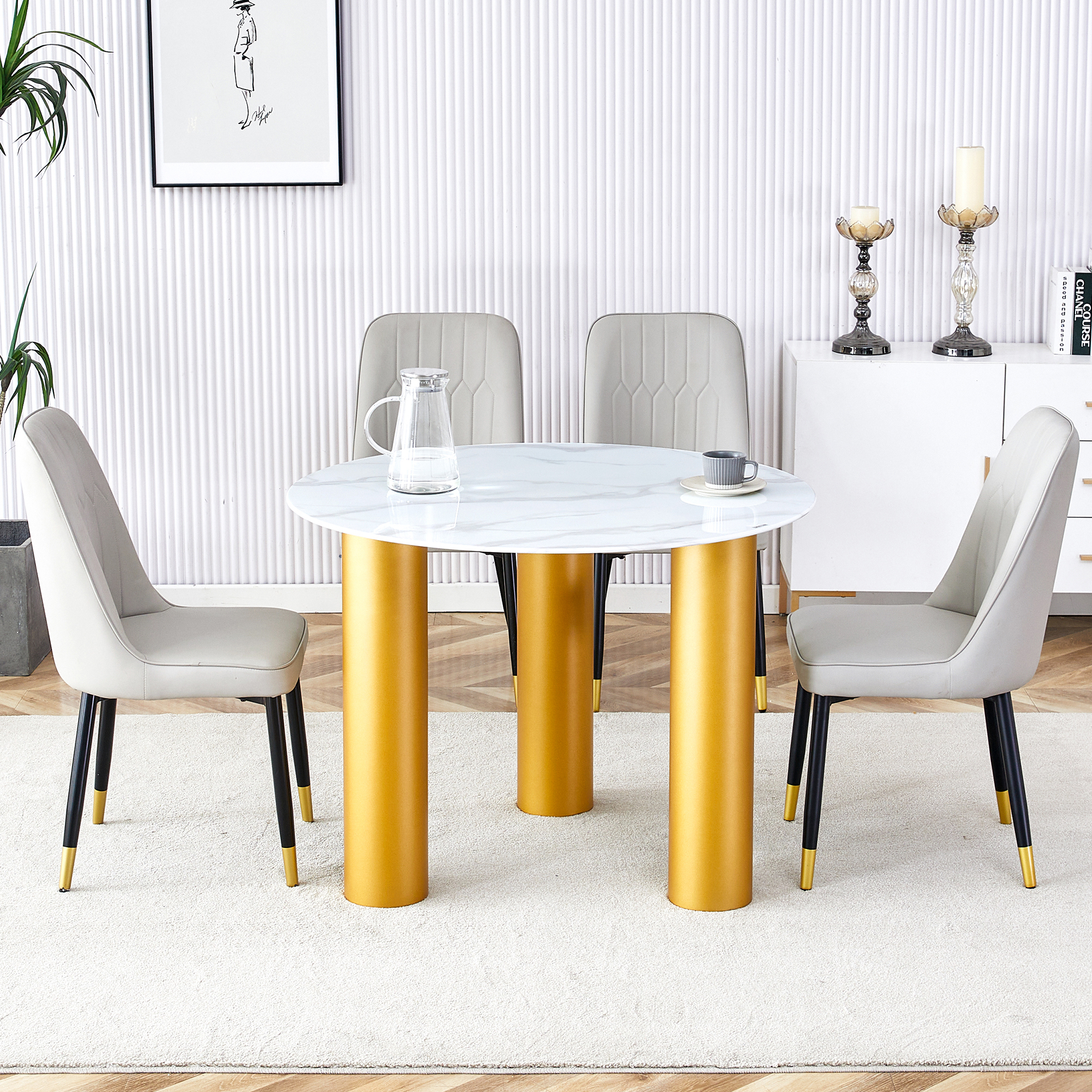 Table and chair set, round table with white marble pattern, gold MDF table legs, soft and comfortable dining chair, suitable for kitchen and living room