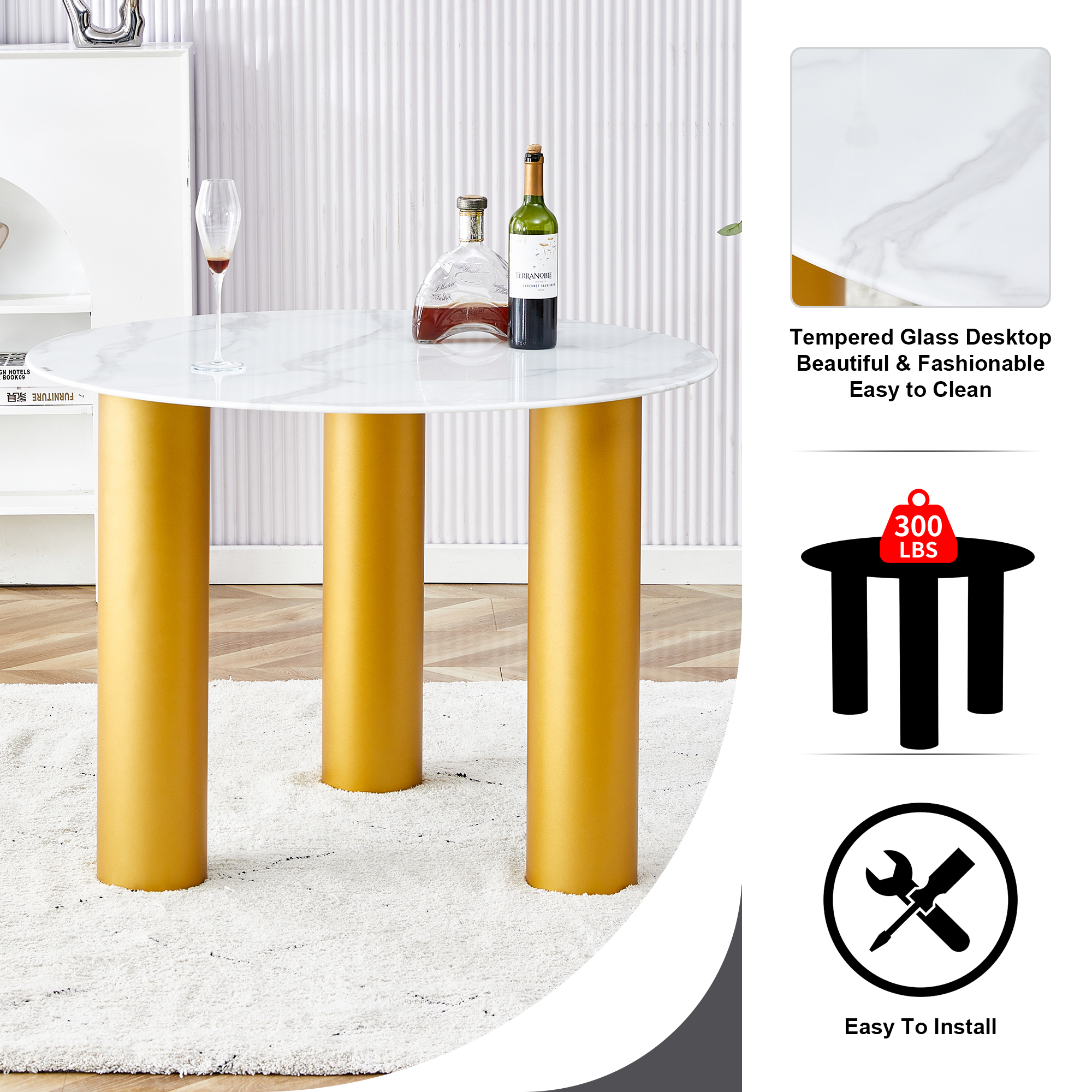 Table and chair set, round table with white marble pattern, gold MDF table legs, soft and comfortable dining chair, suitable for kitchen and living room