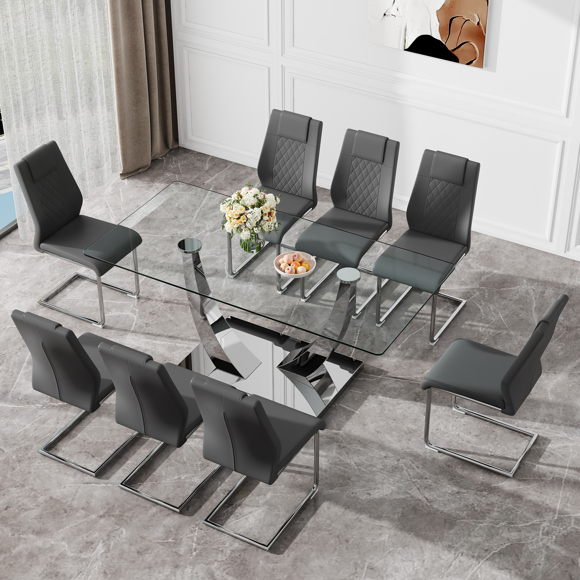 Table and chair set.Contemporary, minimalist rectangular dining table featuring a clear tempered glass top and sleek silver legs. Paried with chairs made of PU material cushion and silver metal legs.