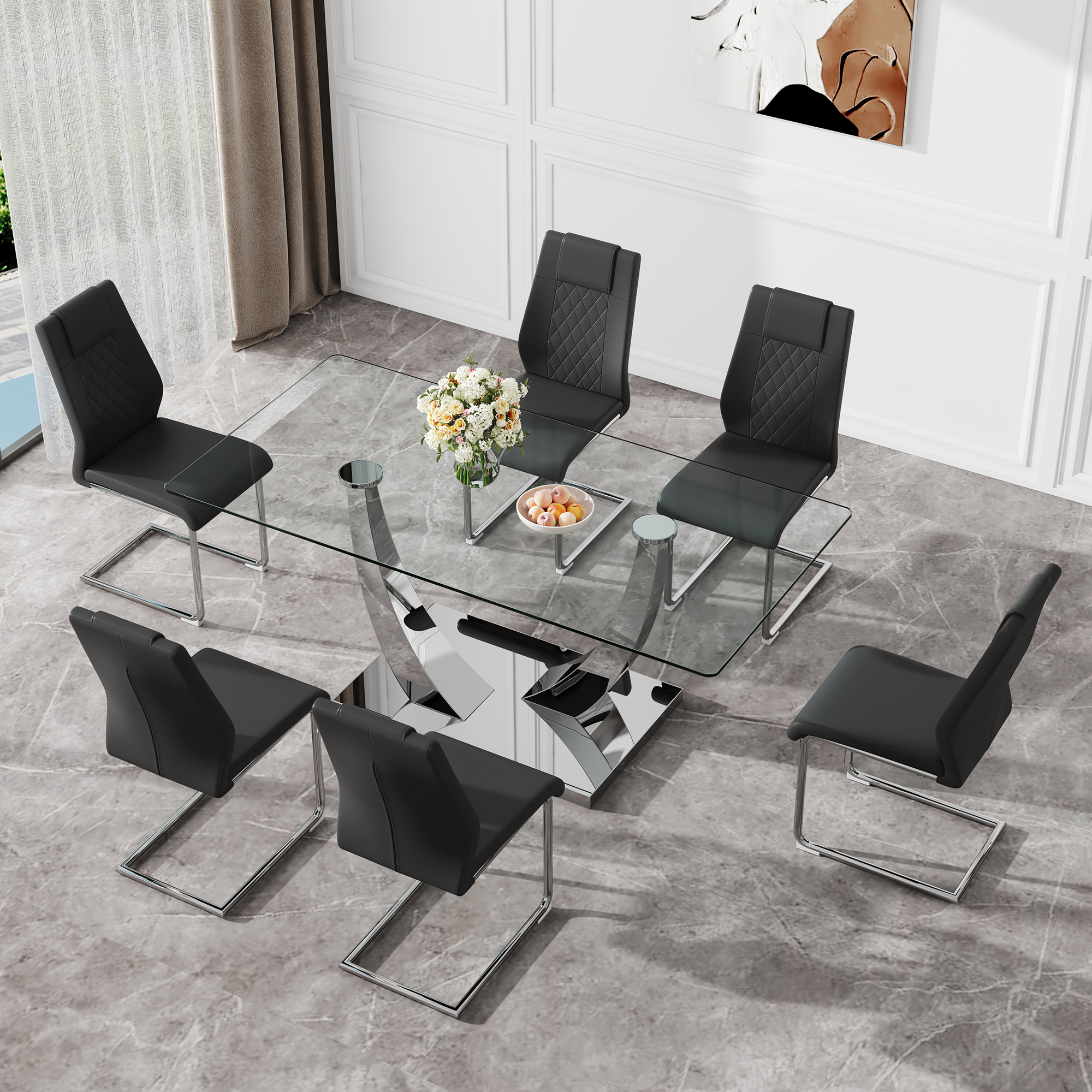 Table and chair set.Contemporary, minimalist rectangular dining table featuring a clear tempered glass top and sleek silver legs. Paried with chairs made of PU material cushion and silver metal legs.