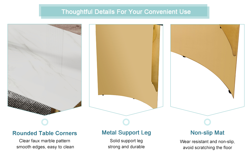 Table and chair set.The table has a glass tabletop with imitation marble pattern stickers and stainless steel golden table legs. Paried with comfortable chairs with PU seats and metal legs.