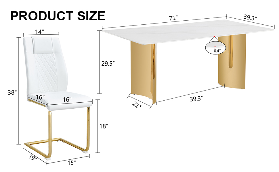 Table and chair set.The table has a glass tabletop with imitation marble pattern stickers and stainless steel golden table legs. Paried with comfortable chairs with PU seats and metal legs.