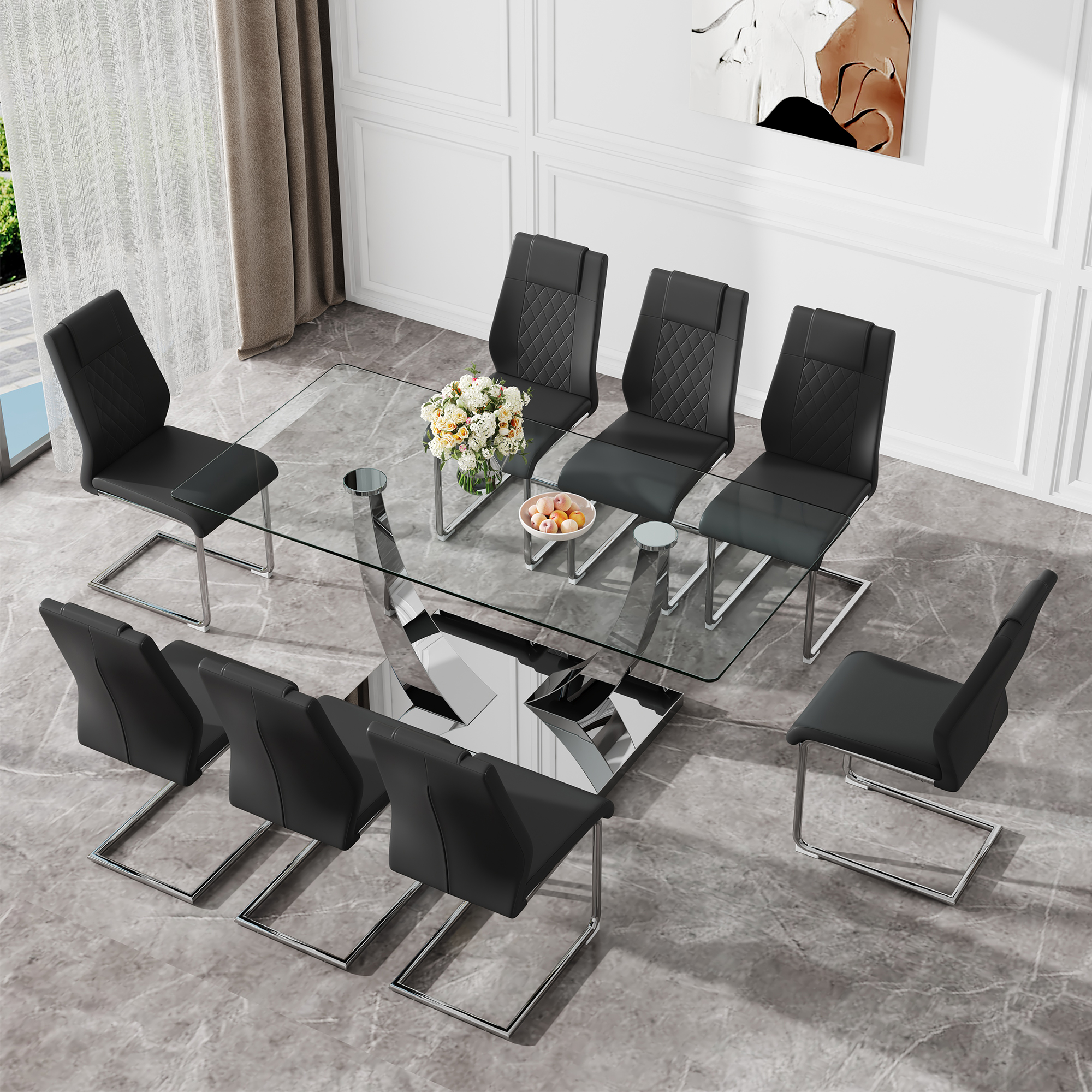 Table and chair set.Contemporary, minimalist rectangular dining table featuring a clear tempered glass top and sleek silver legs. Paried with chairs made of PU material cushion and silver metal legs.