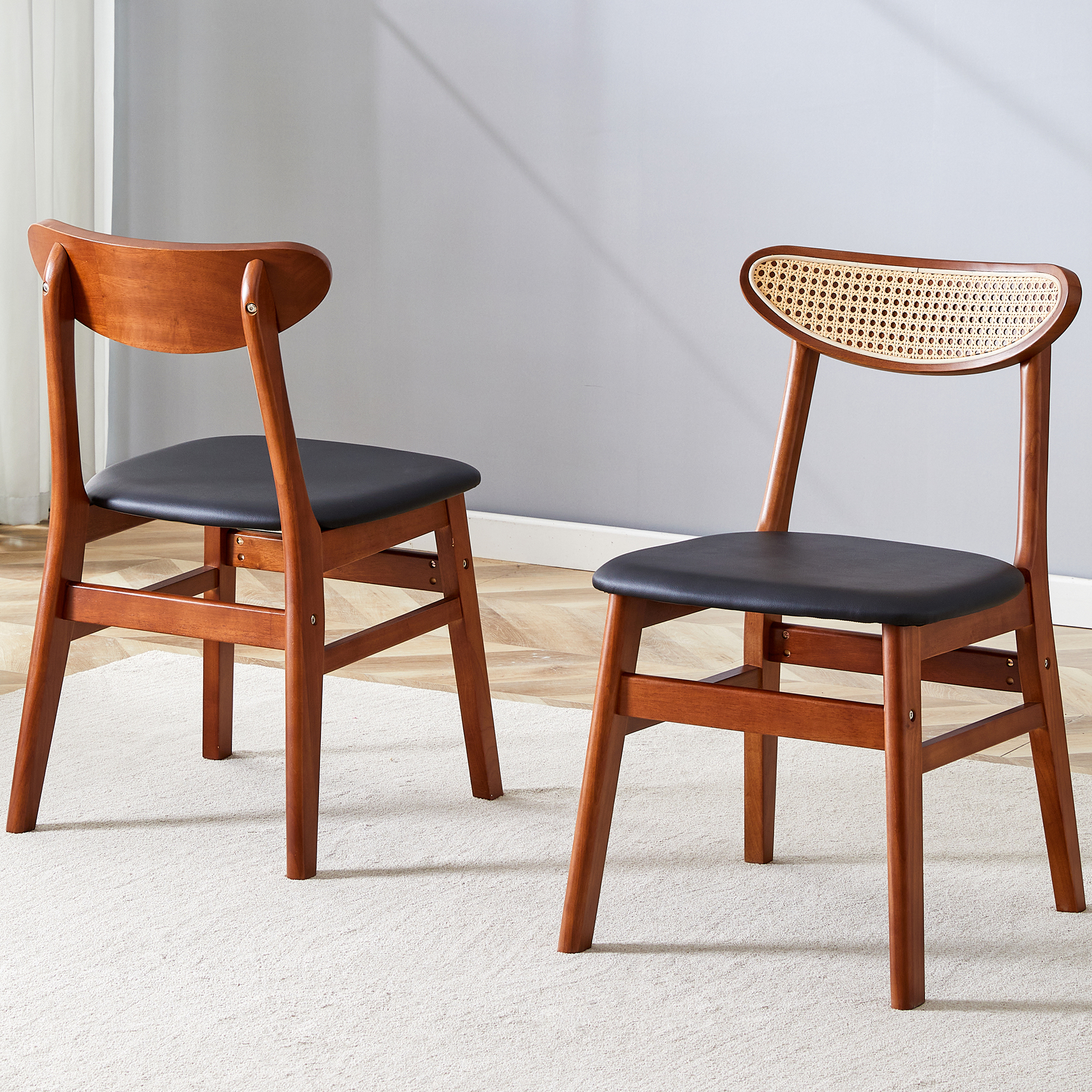 The stylish and durable solid wood dining chair, small curved back, PU cushion, and beautiful shape match perfectly with any room and everyday use