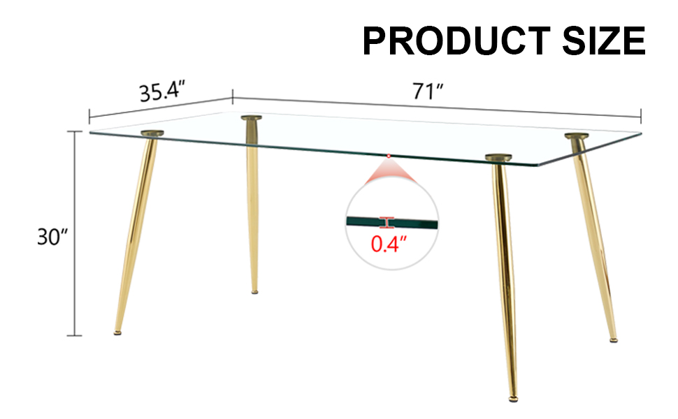 Modern rectangular glass dining table, suitable for 4-6 people, with tempered glass countertop and gold metal legs, writing desk, suitable for kitchen, dining room and living room