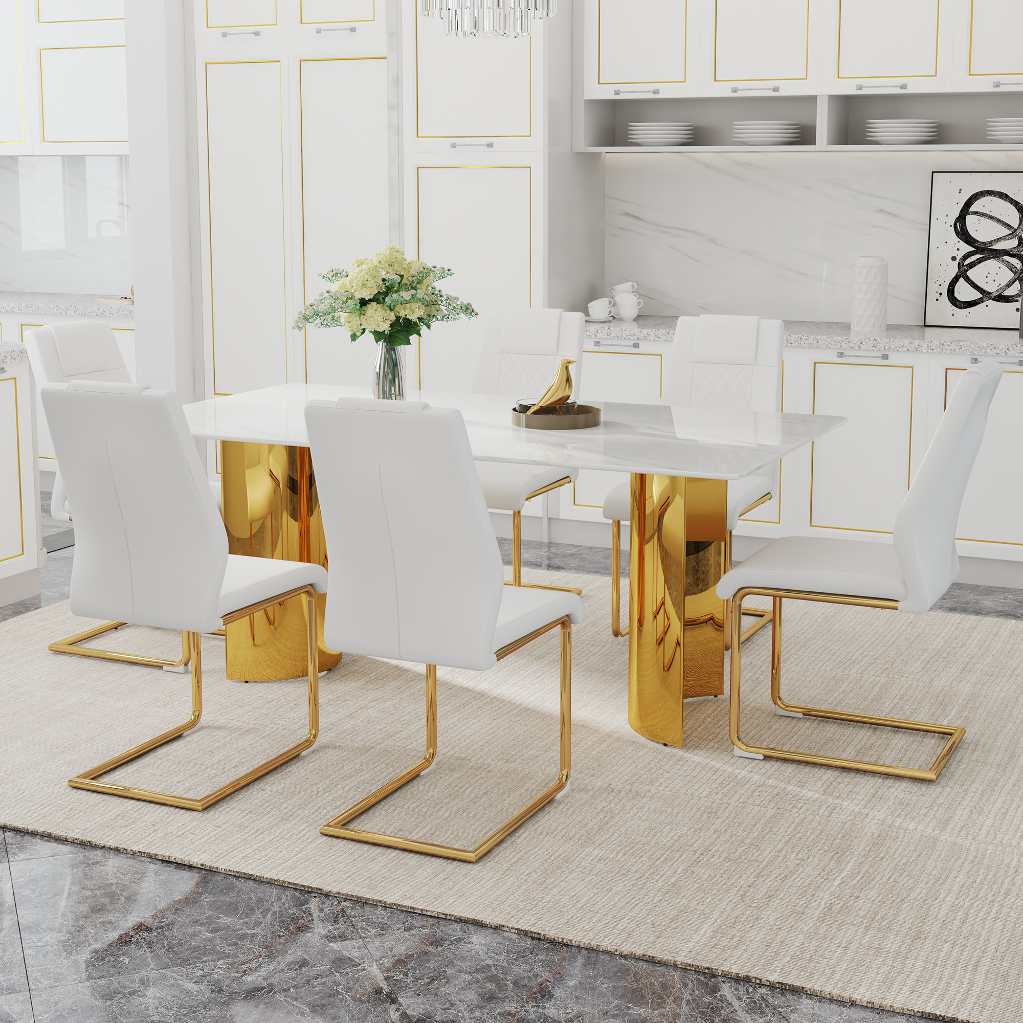 Table and chair set.The table has a glass tabletop with imitation marble pattern stickers and stainless steel golden table legs. Paried with comfortable chairs with PU seats and metal legs.