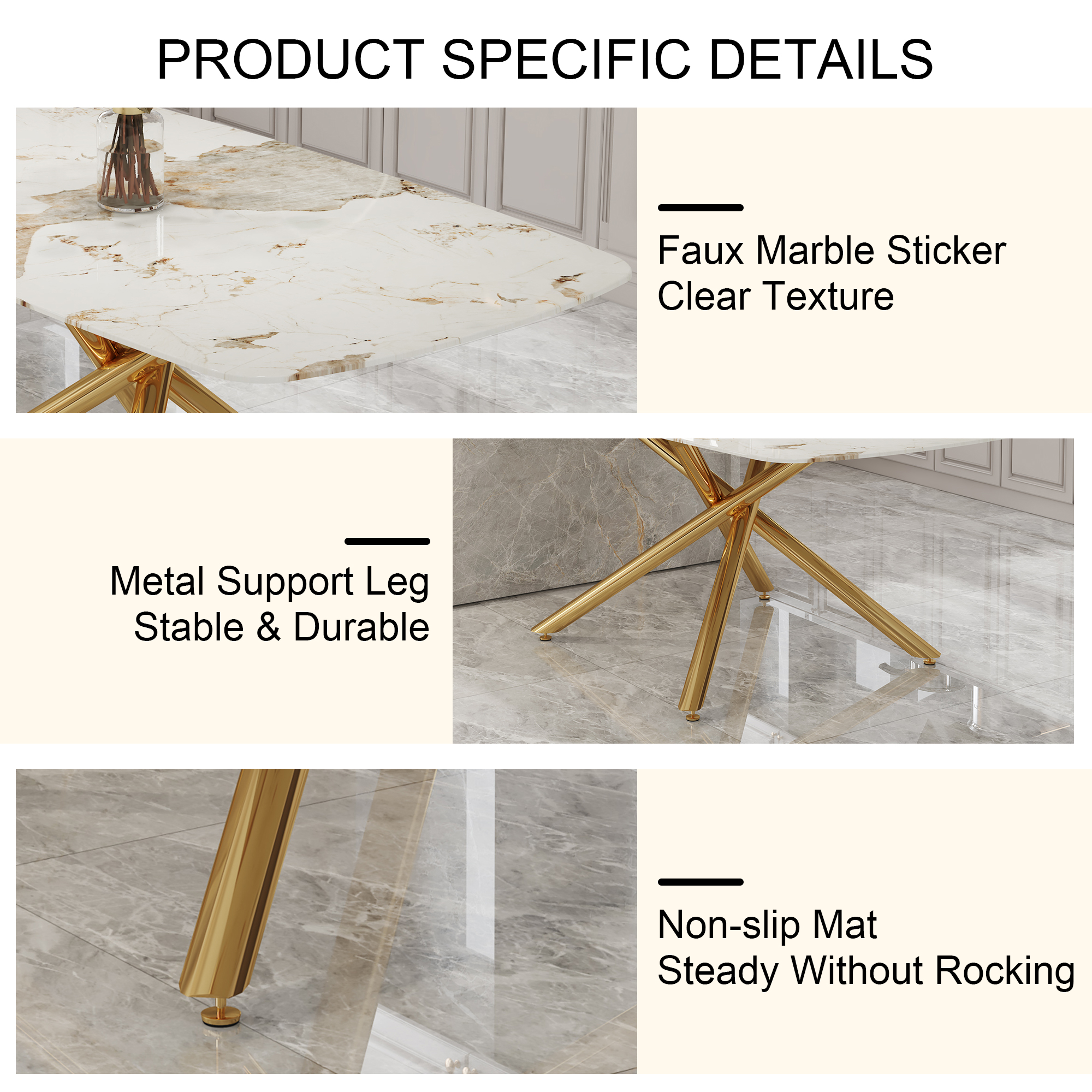 Large modern minimalist rectangular dining table with 0.39 "imitation marble tabletop and golden metal legs, suitable for kitchen, dining room, living room, conference room, W1151S00987