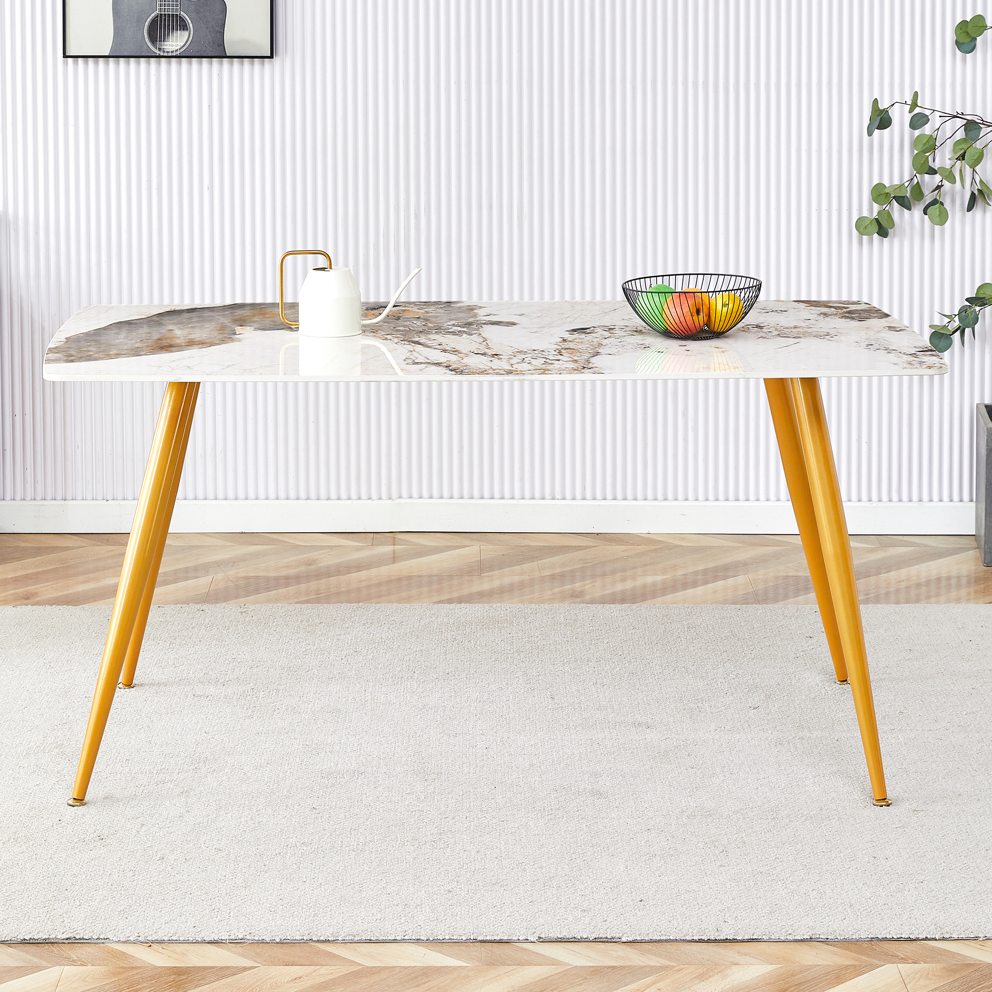 Modern minimalist dining table. White imitation marble pattern SINTERED STONE desktop with golden metal legs.62.2"*34.6"*30" F-001