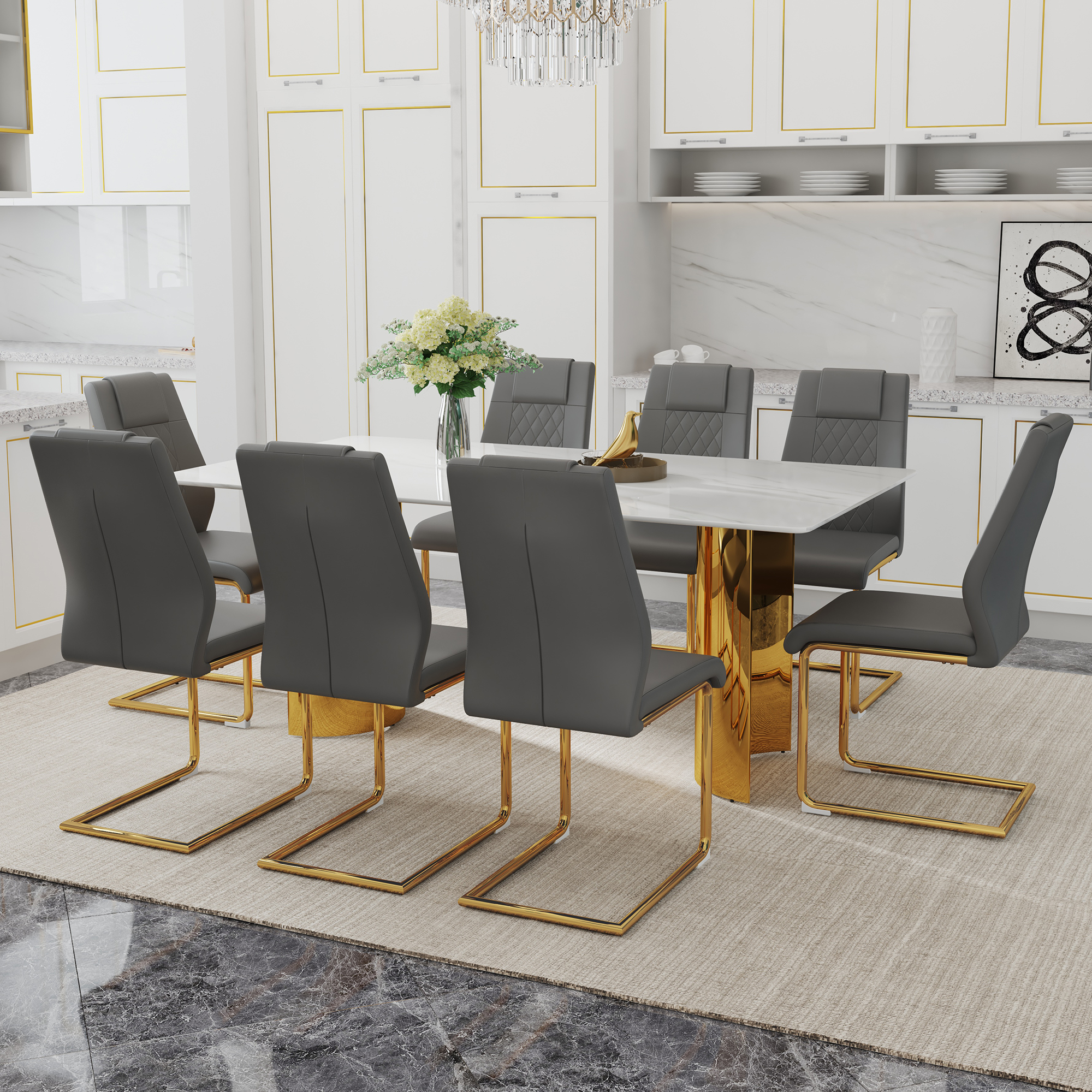 Table and chair set.The table has a glass tabletop with imitation marble pattern stickers and stainless steel golden table legs. Paried with comfortable chairs with PU seats and metal legs.