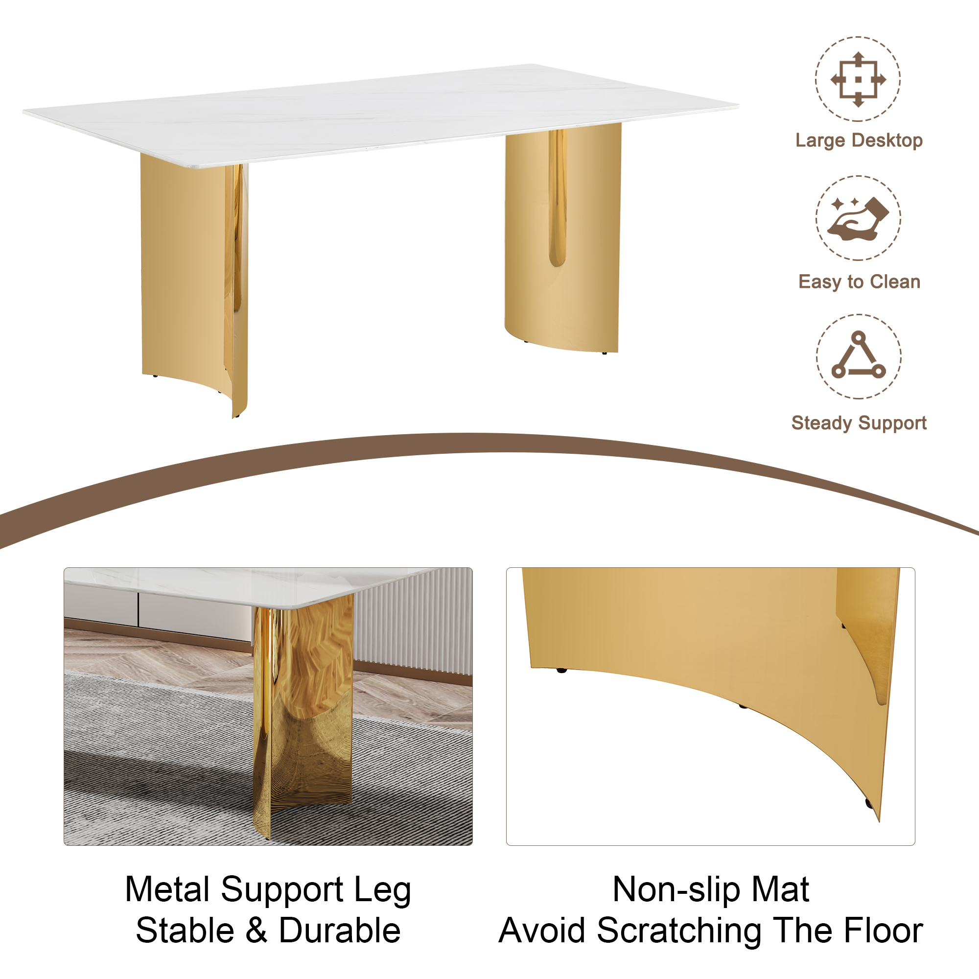 Table and chair set.The table has a glass tabletop with imitation marble pattern stickers and stainless steel golden table legs. Paried with comfortable chairs with PU seats and metal legs.