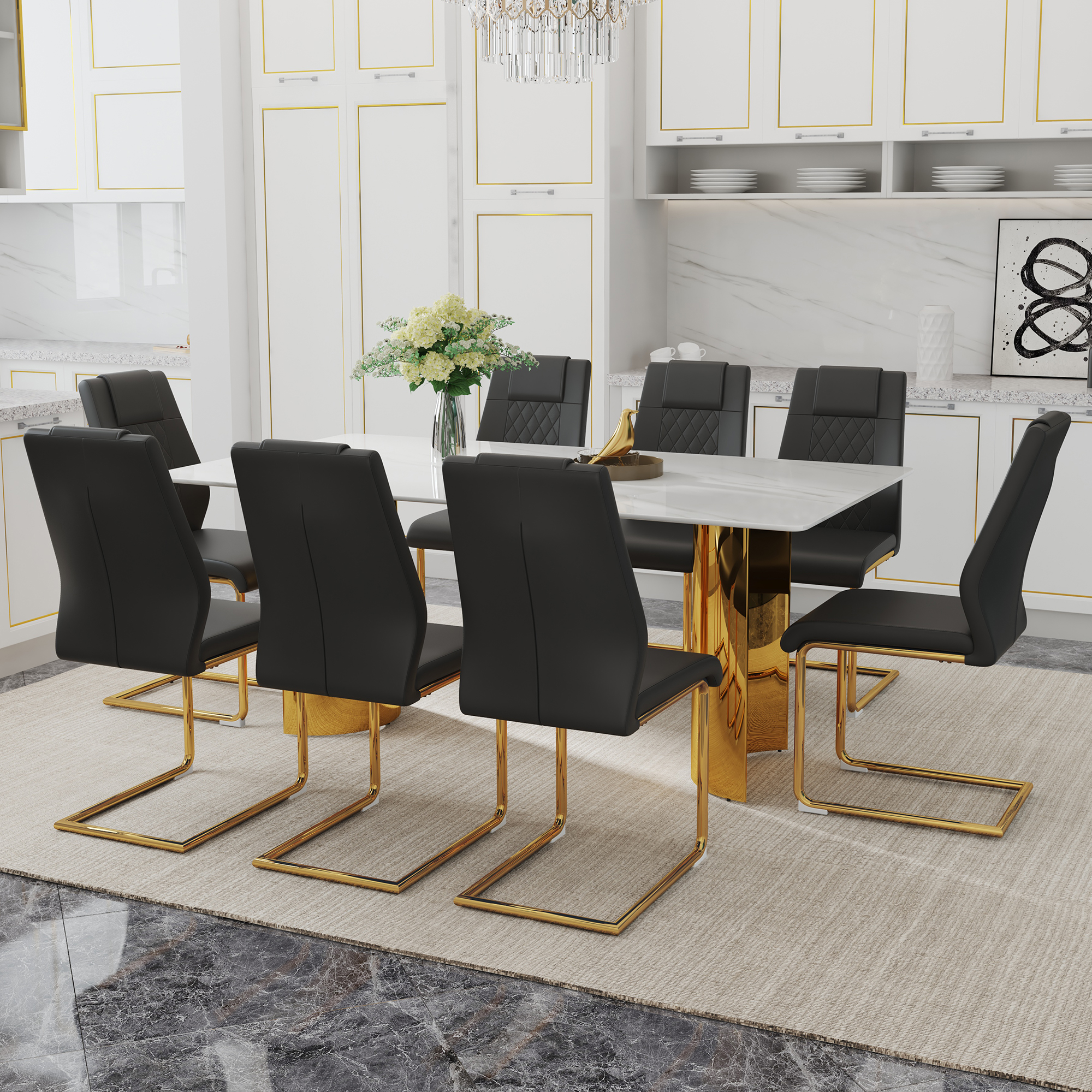 Table and chair set.The table has a glass tabletop with imitation marble pattern stickers and stainless steel golden table legs. Paried with comfortable chairs with PU seats and metal legs.