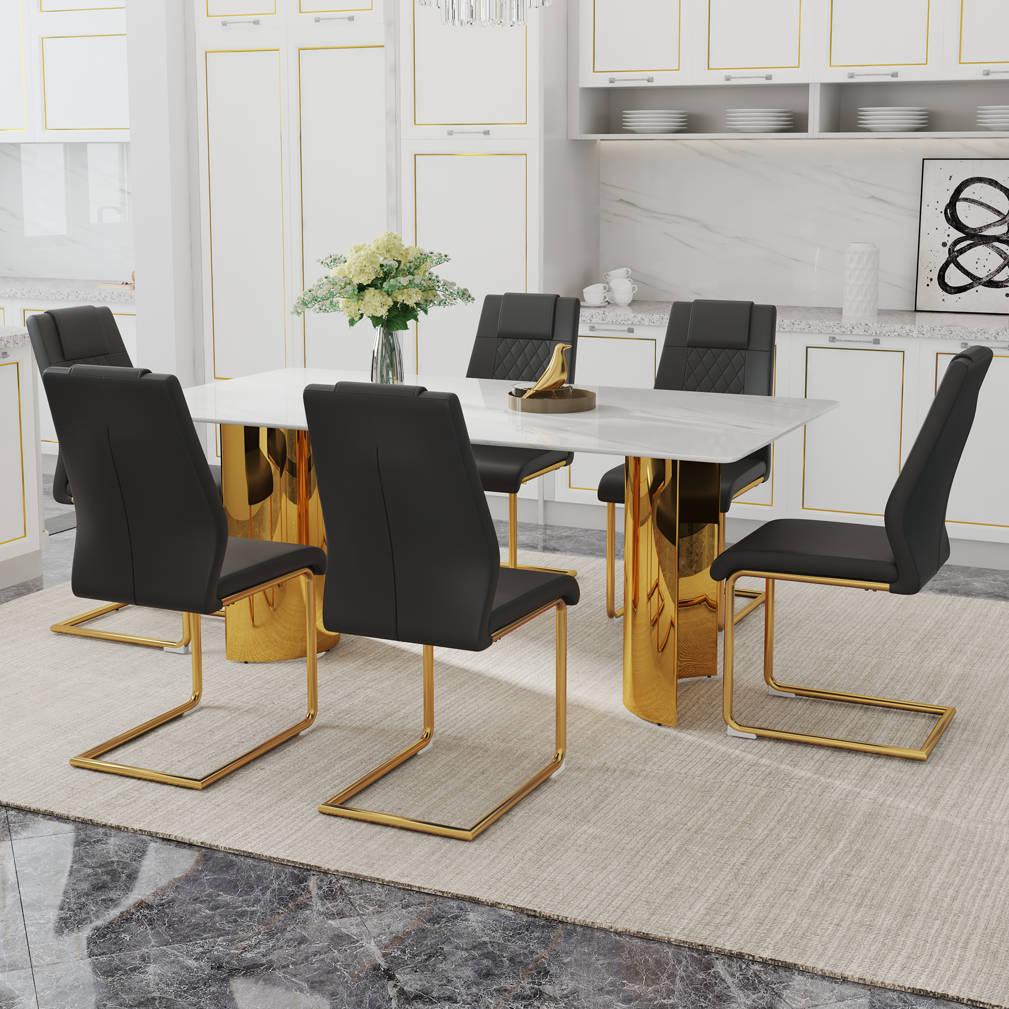 Table and chair set.The table has a glass tabletop with imitation marble pattern stickers and stainless steel golden table legs. Paried with comfortable chairs with PU seats and metal legs.