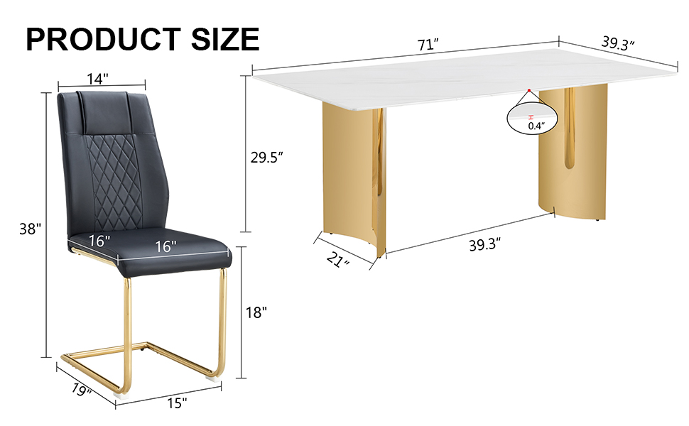 Table and chair set.The table has a glass tabletop with imitation marble pattern stickers and stainless steel golden table legs. Paried with comfortable chairs with PU seats and metal legs.