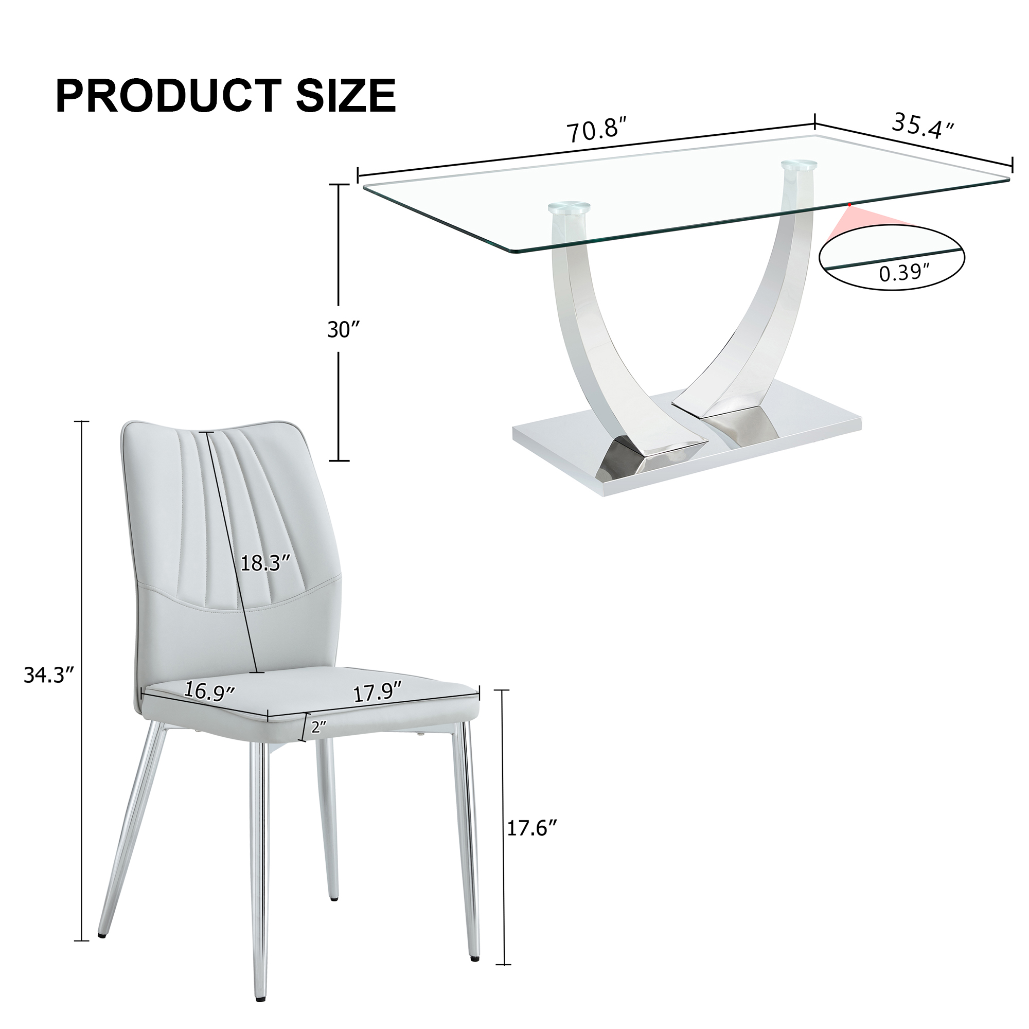 Table and chair set.Contemporary, minimalist rectangular dining table featuring a clear tempered glass top and sleek silver legs. Paried with chairs made of PU material cushion and silver metal legs.