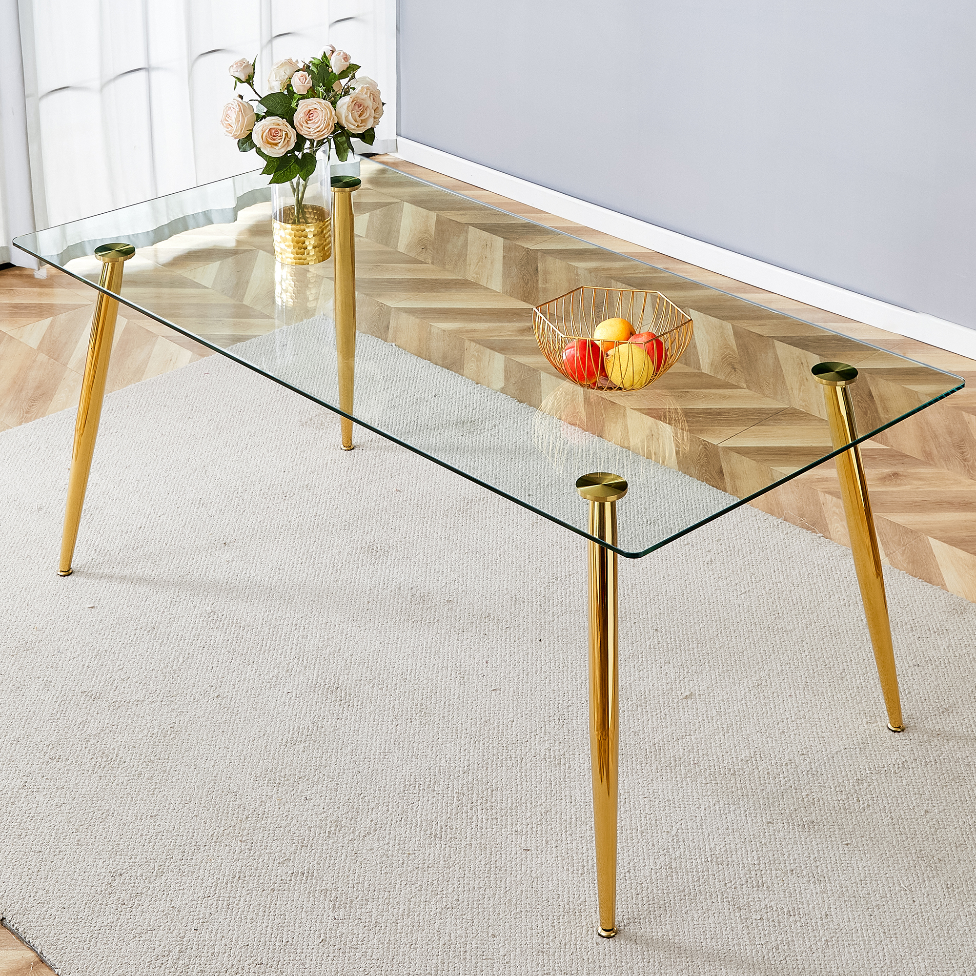 Modern rectangular glass dining table, suitable for 4-6 people, with tempered glass countertop and gold metal legs, writing desk, suitable for kitchen, dining room and living room