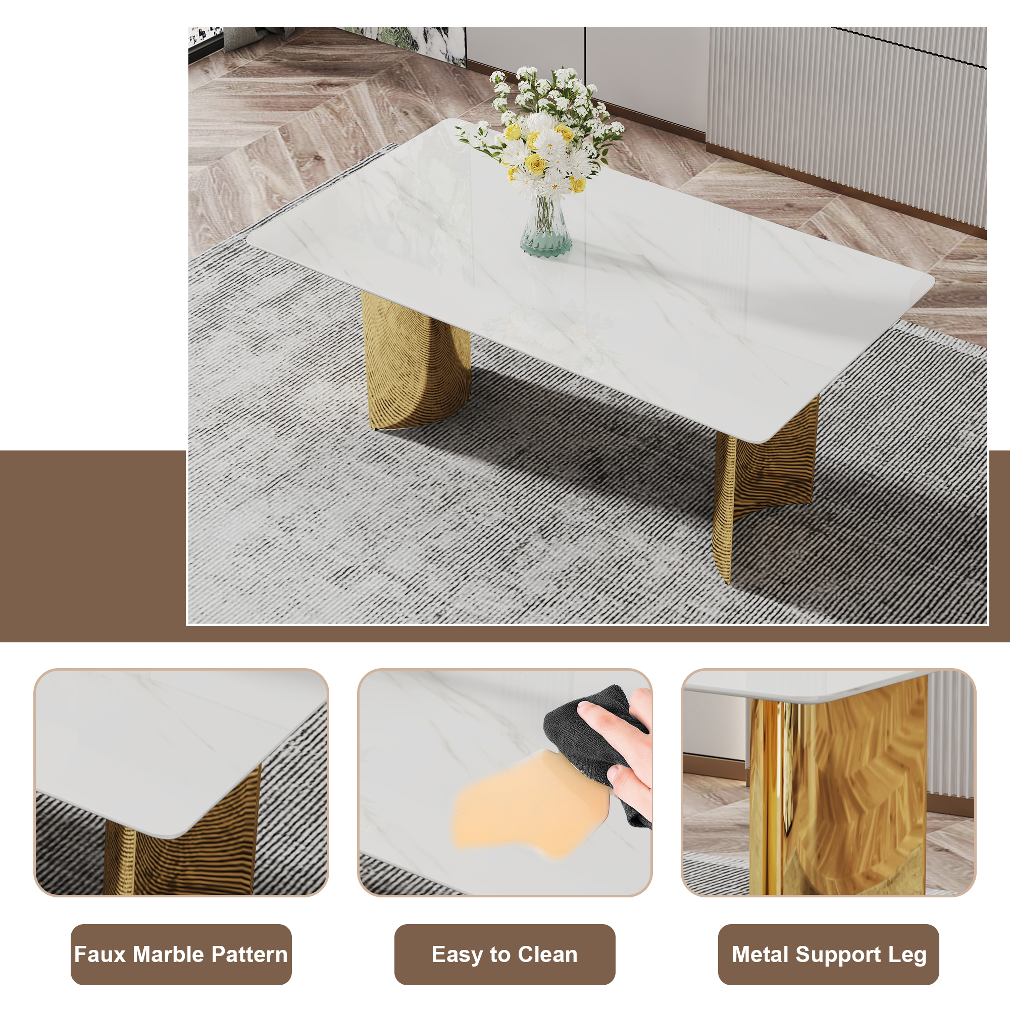 Table and chair set.The table has a glass tabletop with imitation marble pattern stickers and stainless steel golden table legs. Paried with comfortable chairs with PU seats and metal legs.