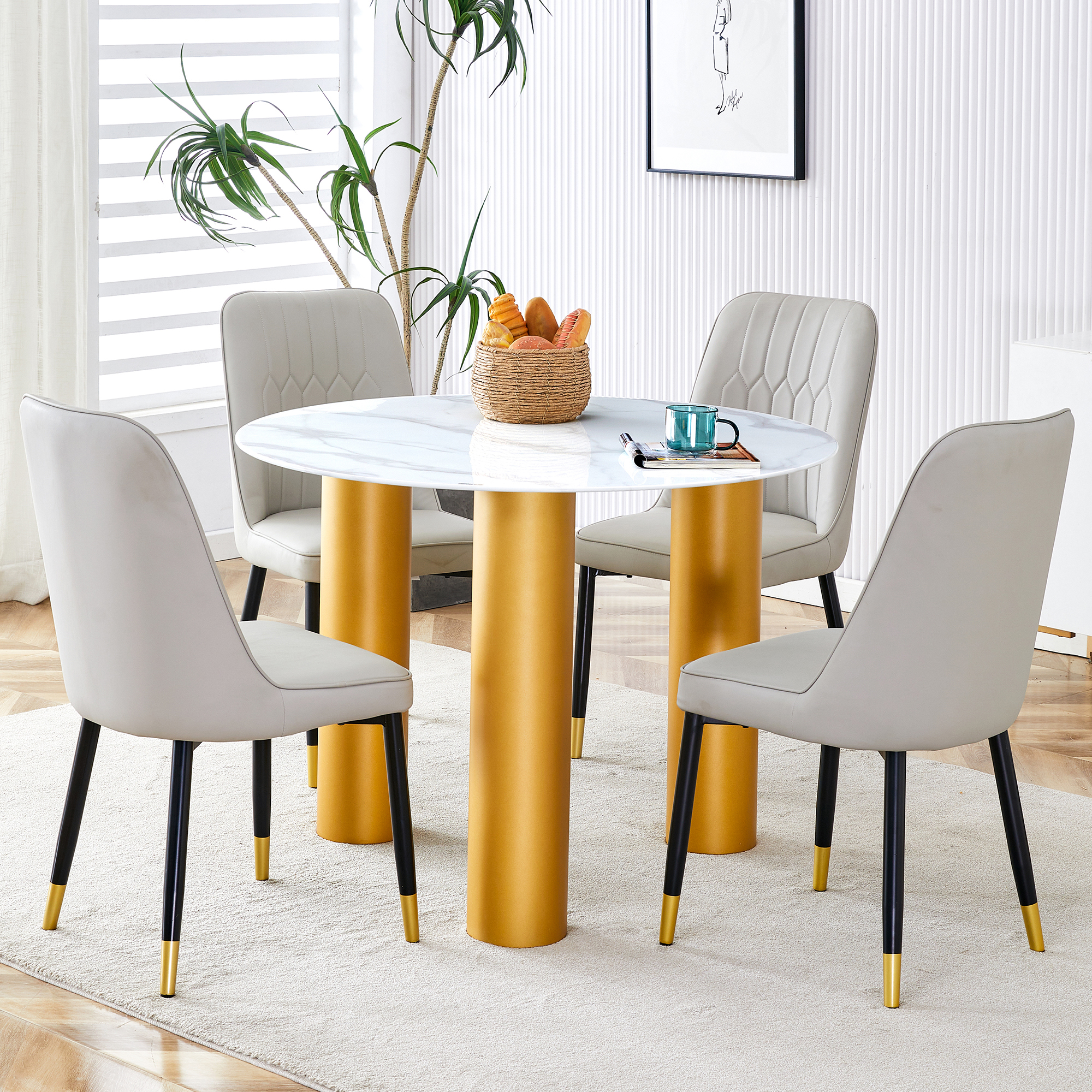 Table and chair set, round table with white marble pattern, gold MDF table legs, soft and comfortable dining chair, suitable for kitchen and living room