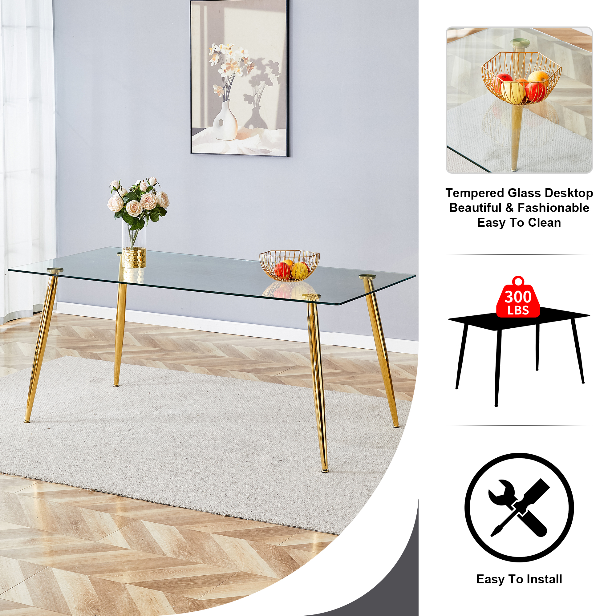 Modern rectangular glass dining table, suitable for 4-6 people, with tempered glass countertop and gold metal legs, writing desk, suitable for kitchen, dining room and living room