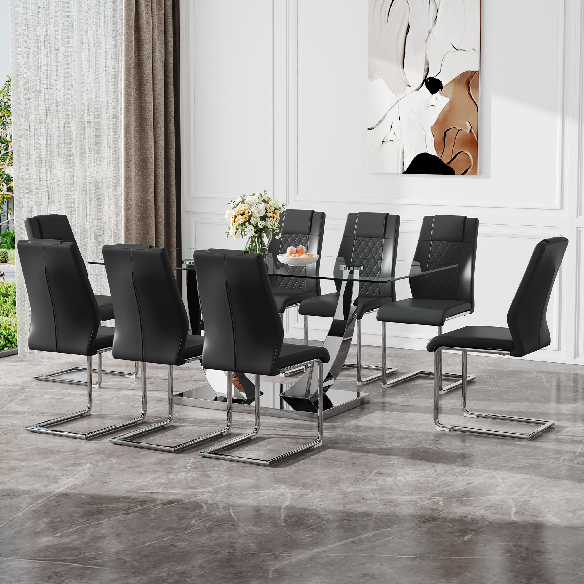 Table and chair set.Contemporary, minimalist rectangular dining table featuring a clear tempered glass top and sleek silver legs. Paried with chairs made of PU material cushion and silver metal legs.