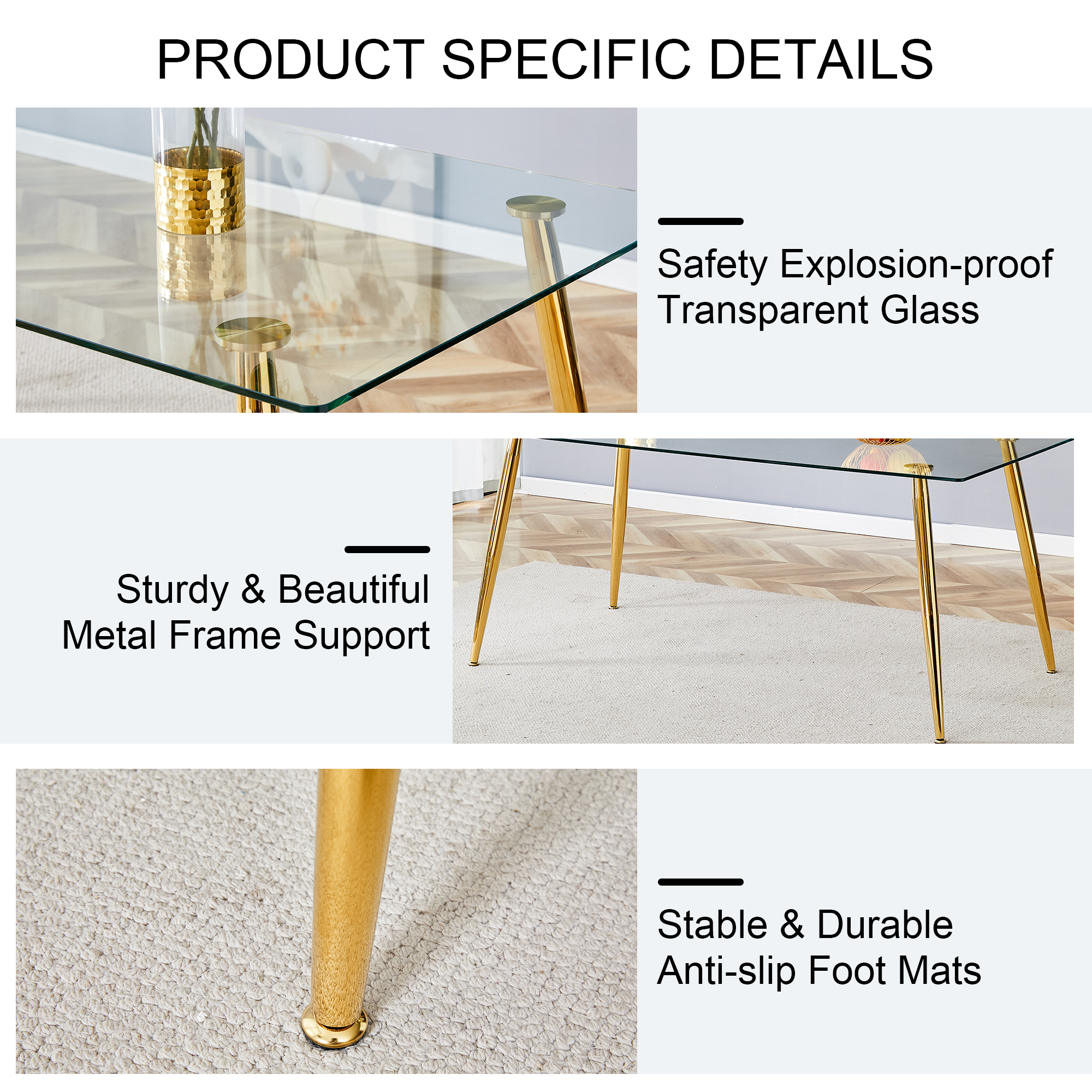 Modern rectangular glass dining table, suitable for 4-6 people, with tempered glass countertop and gold metal legs, writing desk, suitable for kitchen, dining room and living room